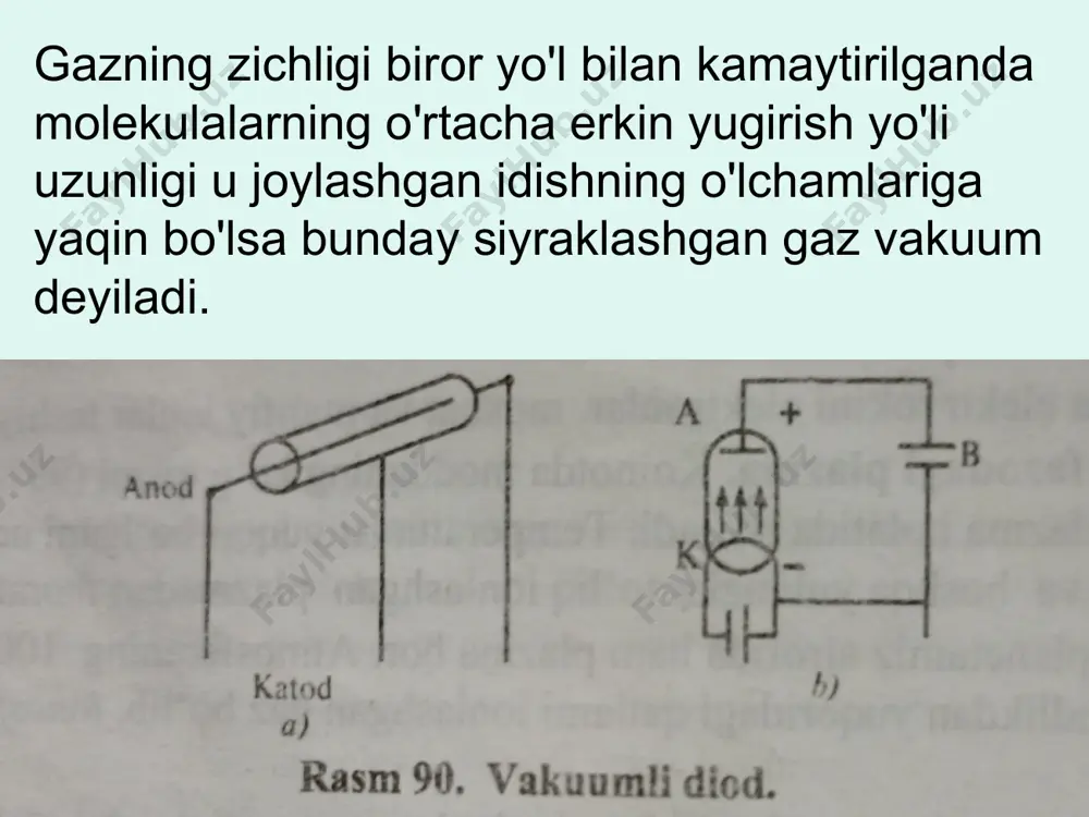 n, zаryadning hаrаkаt yo'nаlishi ko'rsаtkich bаrmоq yo'nаlishidа bo'lsа, zаryadgа tа'sir qiluvchi lоrеns kuchi bоsh bаrmоq yo'nаlishidа bo'lаdi. xulosa vakuumda elektr toki termo elektron emissiya hodisadi roʻy berganda oʻtar ekan. termo elektron emissiya hodisadi roʻy berishi uchun katodga qoʻshimcha ravishda qizdirish qurilmasi qoʻyish kerak ekan. maydonda harakatlanayotgan zarraga shu maydon tomonidan taʼsir koʻrsatishi lorens kuchi deyiladi. foydalanilgan aadabiyotlar 1. umumiy fizika kursi, elektr magnitizim. 2. t. t. turg'unov "amaliy fizika. ii tom. 3. frish. "umumiy fizika kursi ii". 4. "amaliy fizika” ma'ruzalar matni dots. d.t.rasulov 5. ziyo.com 6. fizika fanidan qoʻllanma. m.usmonov image1.jpeg image2.jpeg image3.jpeg image4.png image5.png image6.jpeg image7.png image8.png image9.png image10.png image11.jpeg image12.png