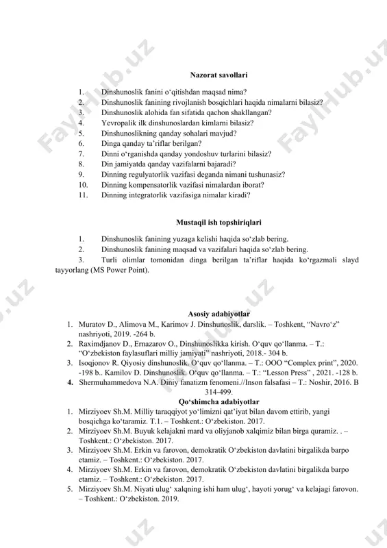 quramiz. . – toshkent.: o‘zbekiston. 2017. 3. mirziyoev sh.m. erkin va farovon, demokratik o‘zbekiston davlatini birgalikda barpo etamiz. – toshkent.: o‘zbekiston. 2017. 4. mirziyoev sh.m. erkin va farovon, demokratik o‘zbekiston davlatini birgalikda barpo etamiz. – toshkent.: o‘zbekiston. 2017. 5. mirziyoev sh.m. niyati ulug‘ xalqning ishi ham ulug‘, hayoti yorug‘ va kelajagi farovon. – toshkent.: o‘zbekiston. 2019. 6. k.s.guttenplan, j.hornsby.c.janavay.reading philosophy. blackwell publishers ltd. uk. 2003. r-341. a.azami. vvedenie v xadisovedenie. kazan: 2011. 7. a.fitrat. tanlangan asarlar. – toshkent: ma’naviyat, 2010, -301 b. 8. abu xomid g‘azzoliy kimiyoi saodat//ikki dunyo saodatiga eltuvchi bilim – samarqand: imom buxoriy xalqaro markazi, 2019. 9. j.rumiy. masnaviy. 40 rivoyatga sharh. – toshkent, navruz, 2019. 10. islomov z., haydarov i. xristianlik: ibodatxona, ibodat va marosimlari. – toshkent: qaqnus nashriyoti, 2020. 11. g‘oyibnazarov sh. islom terrorizmga qarshi. – toshkent, “o‘zbekiston”, nmiu 2021. 12. david l. mc.mahan. the making of buddhist modernism. oxfordshire: «oxford university press», 2008. 13. …