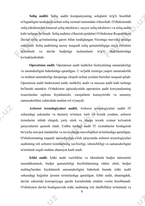 auditining roli axborot tizimlarining xavfsizligi, ishonchliligi va samaradorligini ta'minlash orqali muhim ahamiyat kasb etadi. ichki audit. ichki audit vazirliklar va idoralarda budjet intizomini mustahkamlash, budjet qonunchiligi buzilishlarining oldini olish, budjet mablag'laridan foydalanish samaradorligini baholash hamda ichki audit sohasidagi hujjatlar ijrosini ta'minlashga qaratilgan. ichki audit, shuningdek, davlat sektorida korrupsiyaga qarshi kurashishda muhim vosita hisoblanadi. o'zbekiston davlat boshqaruvida ichki auditning roli shaffoflikni ta'minlash va davlat resurslaridan oqilona foydalanishni nazorat qilish orqali muhim ahamiyatga ega. tashqi audit. tashqi audit auditorlik tashkilotlarining ish sifatini nazorat qilish maqsadida amalga oshiriladi. o'zbekistonda tashqi audit oxirgi ikki moliyaviy hisobot davrida majburiy auditorlik tekshiruvini o'tkazgan auditorlik tashkilotlariga nisbatan qo'llaniladi. tijorat banklari moliyaviy hisobotini majburiy auditorlik tekshiruvidan o'tkazgan auditorlik tashkilotlarini tashqi sifat nazoratidan o'tkazish o'zbekiston respublikasi markaziy banki bilan birgalikda amalga oshiriladi. tashqi audit auditorlik xizmatlarining sifatini ta'minlash va auditorlik hisobotlariga bo'lgan ishonchni oshirishga xizmat qiladi.[footnoteref:1] [1: toshmo'minov sh.a. "auditorlik faoliyati asoslari", toshkent, "iqtisod-moliya", 2020.] o'zbekiston respublikasi iqtisodiyoti va …
