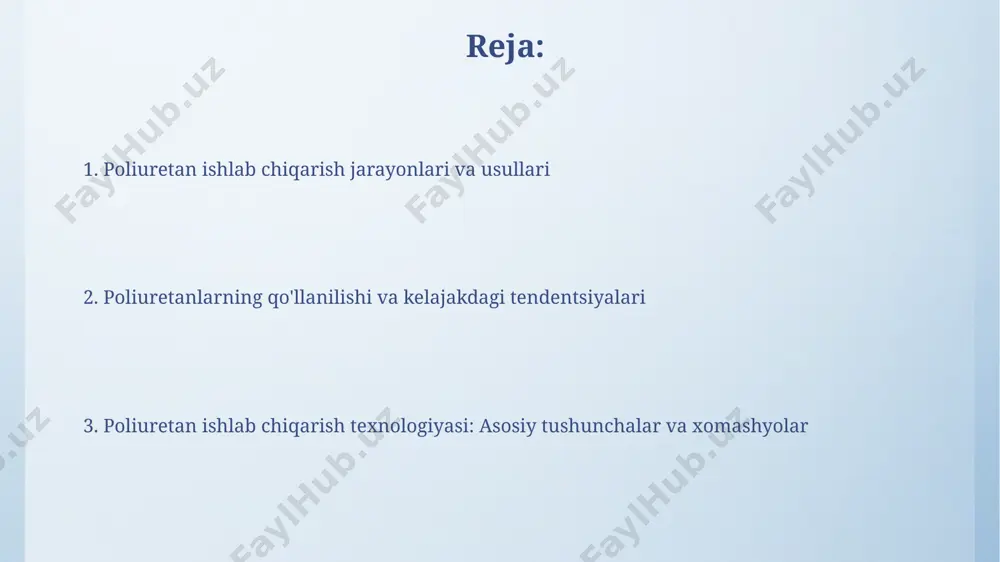 izini kamaytiradi. poliuretanlar: ta'rif va xususiyatlar poliuretanlar yuqori mexanik xususiyatlarga ega, shu jumladan 10 mpa dan 70 mpa gacha cho'zilish kuchi va yaxshi absorbsiya xossalari (0.5 dan 5% gacha suv yutish qobiliyati) bilan ajralib turadi. ularning zichligi 1.0 dan 1.25 g/sm³ gacha bo'lishi mumkin va temperaturaga chidamlilik xususiyatlari -50°c dan +150°c gacha o'zgarib turadi, bu esa ularni keng qo'llanish imkonini beradi. atrof-muhitga ta'siri va qayta ishlash ba'zi poliuretan ishlab chiqarish jarayonlarida xavfli izosiyanatlar ishlatiladi, ularning atrof-muhitga chiqishi tuproq va suvning ifloslanishiga olib kelishi mumkin, xavfsizlik choralari 99% dan ortiq xavfni kamaytiradi. poliuretan chiqindilari degradatsiyaga uchramaydi, shuning uchun poligonlarda to'planib qoladi. ammo, piroliz kabi qayta ishlash usullari 70% gacha energiya olish imkonini beradi va chiqindilarni kamaytiradi. ko'pikli poliuretanlar ishlab chiqarish ko'pikli poliuretanlar ishlab chiqarishda izosiyanatlar (masalan, tdi yoki mdi) va poliollar nisbati sifatga ta'sir qiladi, odatda 1:1 dan 1:1.2 gacha bo'lgan oraliqda saqlanadi. suv ko'pik hosil qiluvchi sifatida ishlatilganda, u izosiyanat …