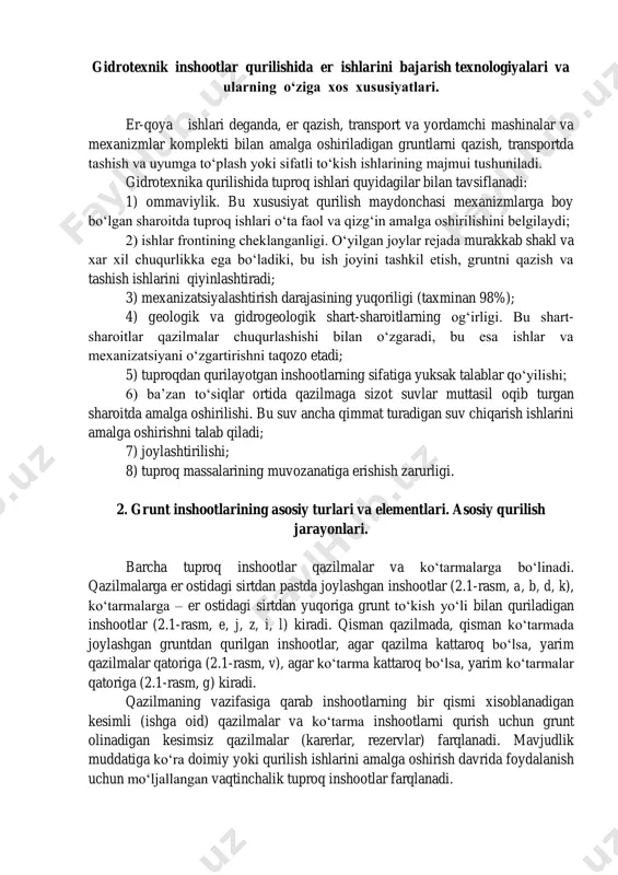 mavjud bo‘lgan xolda, qumlar uchun sizot suvlar satxidan 0,3 m yuqorida joylashgan, changsimon va loyli qumlar uchun – 0,5 m, loyli gruntlar va lyoss gruntlari uchun uchun – 1 m yuqorida joylashgan gruntlar xam xo‘l xisoblanadi. namlik darajasiga qarab, bog‘lanishli gruntlar o‘z xolatini qattiqdan bukiluvchangacha o‘zgartiradi va ularni qazishning og‘irlik darajasi xar xil bo‘ladi. masalan, loyli gruntlarni qazish optimal nam xolatdagi gruntlarni qazishga qaraganda og‘irroq kechadi. o‘ta nam gruntlarni qazib olish xam jiddiy qiyinchilik tug‘diradi, chunki ular ekskavator cho‘michiga yopishib qoladi. barcha gruntlar, ularni bir cho‘michli ekskavatorlar bilan qazishning og‘irlik darajasiga qarab, olti guruxga ajratiladi. eng engil, i guruxga qumlar va loyli qumlar, donalarining kattaligi 80 mm gacha bo‘lgan shag‘al va mayda toshlar, ildizsiz va ildizlarining qalinligi 30 mm gacha bo‘lgan o‘simlik grunti va torf kiradi. eng og‘ir, vi guruxga oldindan yumshatilgan qoyatosh gruntlari kiradi. qolgan barcha gruntlar oraliq guruxlarga kiradi. ko‘p cho‘michli ekskavatorlar bilan qazishda gruntlar, ularni qazib olishning …