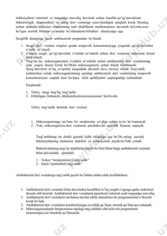 shakllari va seleksiyasini paydo bo’lishi yotadi. bakteriyalarning turg’un shakllarini paydo bo’lishi bilan birga antibakterial vositalar bilan davolashda ajratiladi: 1. tezkor “streptomitsin li turg’unlik” 2. sekin “penitsillinli turg’unlik” antibakterial dori vositalarga turg’unlik paydo bo’lishini oldini olish profilaktikasi. 1. antibakterial dori vositalari bilan davolashni kasallikni to’liq yengib o’tgunga qadar maksimal dozada olib boorish. antibakterial dori vositalarni parenteral yuborish usuli maqsadga muvofiq. 2. antibakterial dori vositalarni navbatma-navbat siklik almashinuvini programmasini o’tkazish kerak bo’ladi. 3. antibakterial dori vositalarni kombinirlangan ravishda qo’llash, teoritik qo’llab-quvvatlanadi. 4. mikroorganizmlarda streptomitsin tipidagi turg’unlikka olib keluvchi preparatlarni monoterapiya ko’rinishida qo’llamaslik. 5. bitta antibakterial dori vositani kesishgan turg’unlik hosil qiladigan boshqa antibakterial dori vositalarga almashtirmaslik. 6. mahalliy qo’llaniluvchi antibakterial dori vositalarni qo’llashda tezda turg’unlik paydo bo’lganligi sababli minimal darajaga olib boorish. bu holatlarda system davolashda ishlatiladigan vositalar qo’llaniladi. jarrohlikda antibakterial dori vositalarni profilaktik qo’llanilishi jarrohlik o’tkaziladigan zonada maksimal miqdorda, to’qimalrda esa minimaldan yuqoririoq niqdorda va butun jarrohlik amaliyoti vaqtida qonda shu …