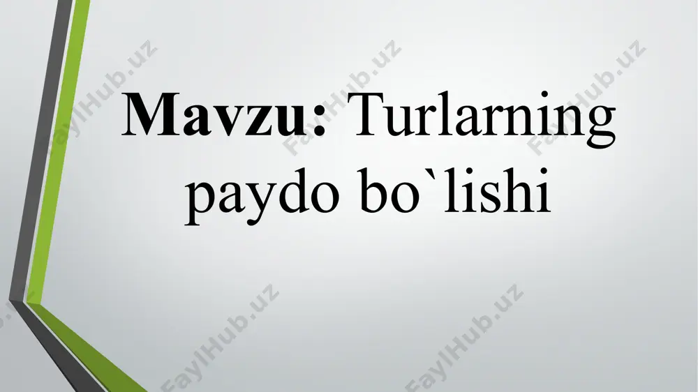 genlar, xromosomalar majmuasini buzib, yangi genofondini vujudga keltirish orqali amalga oshadi. tur paydo bo‘lishining tiplari ikki xil yo‘nalishda kechadi allopatrik yoki geograﬁ k tur paydo bo‘lishi. simpatrik yoki ekologik tur paydo bo‘lishi. tur paydo bo‘lishining birinchi turida geograﬁk to‘siqlarning paydo bo‘lishi, ikkin chi turida reproduktiv to‘siqlarning paydo bo‘lishi populatsiyalar o‘rtasida genlar almashinuvining to‘xtashiga sabab bo‘ladi. a – allopatrik tur paydo bo‘lishi; b – simpatrik tur paydo bo‘lishi. *allopatrik yo‘nalish yoki geograﬁ k alohidalanish bilan tur paydo bo‘lishi. tur areali kengayganda yoki yirik geologik jarayonlar: qit’alarning surilishi, tog‘ hosil bo‘lishi, suv to‘siqlari natijasida bir nechta alohidalashgan populatsiyalar paydo bo‘ladi. populatsiyalardagi irsiy o‘zgarishlar, yashash uchun kurash va tabiiy tanlanish natijasida asta-sekin populatsiyalardagi gen tarkibida farq paydo bo‘la boshlaydi. bu jarayon yangi tur hosil bo‘lishiga olib keladi. qirg‘ovullarning xiva yettisoy murg‘ob kavkaz manjur yapon kenja turlari xuddi shu yo‘l bilan kelib chiqqan. galapagos orollaridagi tog‘ vyuroklari ham har bir orolda o‘ziga xos ko‘rinishga …