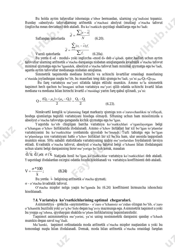plamdagi salmog’iga tengdir. bu belgi uchun dispersiya        22 22232222 2 2 2 )(22)0()1()( )( ppp qppppqppppqpppdxx f fxx p     p p p p pq2 1( ) demak, pqp  2 (6.16) alternativ belgi dispersiyasining maksimal qiymati pqq0,5*0,5q0,25 teng. variatsiyani o’rganish uchun quyidagi dispersiya turlari hisoblanadi va tahlil qilinadi. salmoqning ichki guruhiy dispersiyasi iiiip qppp  )1(2 (6.17) ichki guruhiy dispersiyalardan o’rtacha dispersiya p i i i i i i i i i i ii p p p q f f p p d p q2 21 1        ( ) ( ) (6.17a) guruhlararo dispersiya      ii i ii p dpp f fpp i 2 2 2 )( )(  (6.18) bu yerda: fi - ayrim guruhlardagi birliklar soni; ip - ayrim guruhlarda o’rganilayotgan belgi salmog’i; p - butun …