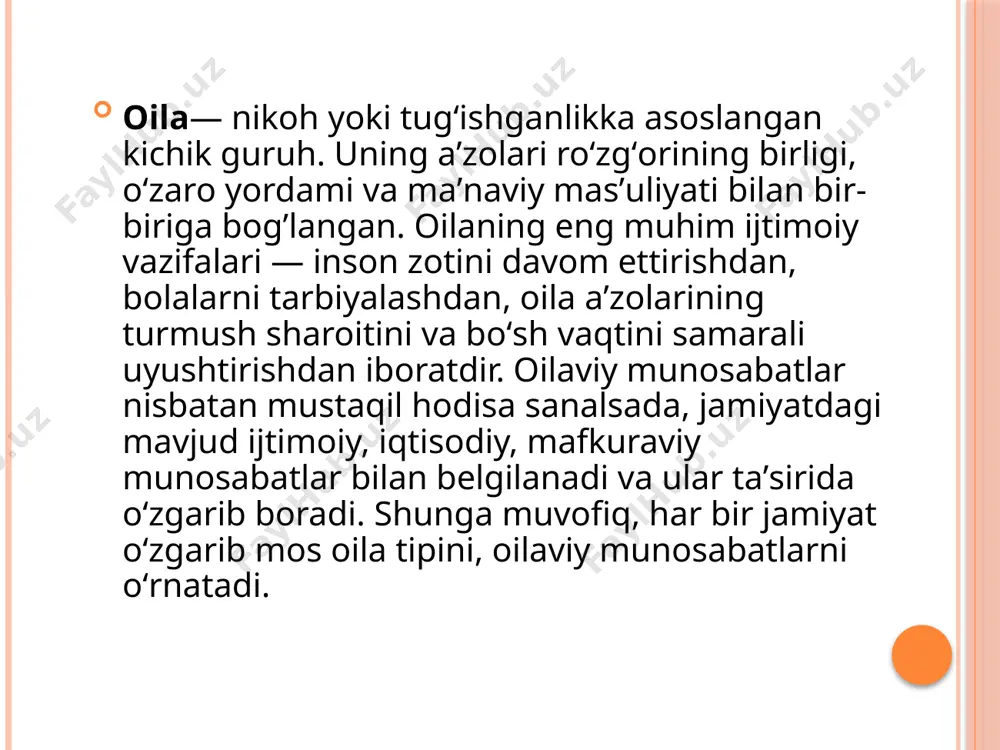 yotidagi nufuzi ortishi shaklida rivojlanib kelmoqda. xususiy mulkka ega bo’lish va avlodga meros qilib qoldirish vazifasi ham muhim bo’lib, u har bir oilaning o’z jamg’armasi bo’lishini taqozo etadi, shuning uchun ham “er-xotin – qo’sh ho’kiz” bo’lib, tinmay mehnat qiladi, orttirganiga to’y va oilaviy tadbirlar o’tkazadi, uy-joy, tomorqalarni farzandlariga meros sifatida qoldiradi. bu ham oila mustahkamligiga, ota-onalarning obro’-martabasiga xizmat qiladi. oila turlari va uning funksiyalari oilaning ijtimoiy nufuzi, obro’si otaning, erning, o’g’ilning iqtisodiy maqomidan kelib chiqadi, ayolniki esa – farzandlar soni bilan belgilanib, uning professional maqomi ko’p hollarda oilaning, turmush o’rtog’ining ijtimoiy maqomiga salbiy ta’sir ko’rsatadi, farxzandlar ko’z o’ngida otaning avtoriteti pastlaganday bo’ladi, ayrim holatlarda erning oila ta’minotaidagi ulushi tushib ketishi ham ayolning oila moddiy ta’minotiga bevosita aralashishiga sabab bo’ladi. bola manfaatiga yo’nalgan oilaning ham turli ko’rinishlari bo’lib, ulardan biri avtoritar tipdir. bunda bola soni bittami yoki ikkitami ota-onaning cheksiz g’amxo’rligi, ular obro’si bilan parallel tashkil etiladi. masalan, ko’pgina amaldorlarning oilasi …