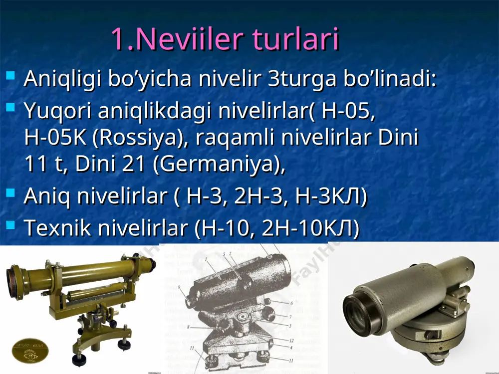 ilindrli adilak tuzatish uchun adilak joylashgan qutining okulyar tomonida qopqoq bilan bekitibqo’yilgan to’rtta tuzatgich vint bor. asbob aylanish o’qini taxminan vertikal xolatga (shovun yo’nalishiga) keltirish uchun uchta ko’targich vint 11 yordamida doiraviy adilak pufakchasi o’rtaga keltiriladi.doiraviy adilak zarur paytda uchta tuzatgich vint 12 bilan tuzatiladi. ko’rish trubasining ko’rish maydonida reyka va adilak pufakchasining tasviri. 2. nivellirlarni tekshirish va tuzatish nivelir quyidagi geometrik shartlarni qanoatlantirishi shart: 1.doiraviy adilak o’qi nivelirning aylanish o’qiga paralel bo’lishi kerak (zz’ // jj’) 2.iplar to’rining gorizontal ipi nivelirning aylanish o’qoga perpendikulyar bo’lishi kerak. (nn //jj) 3.trubaning ko’rish o’qi sil;indrli adilak o’qiga parallel bo’lishi kerak (vv’//uu, silindrli adilak nivelirida) yoki trubaning ko’rish o’qi gorizontal bo’lishi kerak. bu shartni tekshirish uchun bir-biridan 50-70m masofa turgan a va b nuqtalarga qoziq qoqiladi va nivelir balandligi reyka orqali o’lchanadi. 3.niverlash moxiyati va turlari nivelirlash geodezik ishlarning bir turidir. u bilan yerning tabiiy yuzasida joylashgan nuqtalarning bir biriga nisbatan nisbiy balandligi …