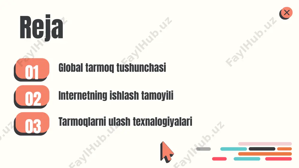 rkinligi, iqtisodiy o‘sish va innovatsion sohalarda – masofaviy ish, onlayn ta’lim, aqlli shaharlar – yangi imkoniyatlarni yaratadi. kelajakda tarmoq xavfsizligi va ma’lumotlarni himoyalash muhim bo‘lib qoladi. kriptografiya va zamonaviy xavfsizlik protokollari yangi tahdidlarga qarshi yechimlarni taklif etmoqda. internetning asosiy tamoyillari internetda maʼlumotlar almashinuvi standart protokollar asosida amalga oshadi. protokollar axborotni to‘g‘ri va xavfsiz uzatishni taʼminlaydi. tarmoqda har bir kompyuter o‘zining manzili orqali maʼlumot jo‘natadi va qabul qiladi. tcp/ip protokoli internetning asosiy protokoli bo‘lib, ikki asosiy qismdan iborat: tcp (transmission control protocol) va ip (internet protocol). tcp maʼlumotlarni to‘liq va tartibli yetkazishni, ip esa marshrutlashni taʼminlaydi. maʼlumotlar tcp orqali kichik paketlarga bo‘linadi va ip yordamida manzilga yo‘naltiriladi. paketlar yo‘lda yo‘qolsa, tcp ularni qayta yuboradi. shu tarzda ishonchli va uzluksiz maʼlumot almashinuvi amalga oshadi. internet dunyo bo‘ylab millionlab kompyuter va tarmoqlarni birlashtirib, axborotga keng kirish imkonini beradi. bu esa global hamkorlik, taʼlim va innovatsiyalar uchun yangi imkoniyatlar yaratadi. tcp/ip protokolining tuzilishi tcp/ip …