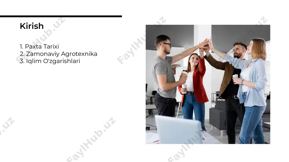 timallashtirish orqali hosilni oshirish mumkin. hosildorlikni oshirish paxta bozoridagi tahlil va tadqiqotlar, fermerlar uchun muhimdir. bozor talablarini aniqlash va narxlar o'zgarishini kuzatish, iqtisodiy barqarorlikni ta'minlaydi. bozor tahlili qishloq xo'jaligi siyosati, paxta yetishtirishni rag'batlantirish va quvvatlash uchun muhimdir. davlat dasturlari va subsidiyalar, fermerlarga yordam beradi. qishloq xo'jaligi siyosati innovatsiyalar zamonaviy innovatsiyalar, paxta yetishtirish jarayonlarini yangilash va takomillashtirishga yordam beradi. texnologiya va ilmiy tadqiqotlar, yangi yechimlar yaratishda muhim rol o'ynaydi. xalqaro hamkorlik, paxta yetishtirishda bilim va tajriba almashish imkonini beradi. boshqa mamlakatlar bilan hamkorlik qilish, yangi imkoniyatlar yaratadi. xalqaro hamkorlik paxta yetishtirish va agrotexnika sohasidagi zamonaviy yondashuvlar, samaradorlik va barqarorlikni oshirishga qaratilgan. innovatsiyalar va yangi texnologiyalar, kelajakda paxta ishlab chiqarishni yaxshilash imkonini beradi. xulosa