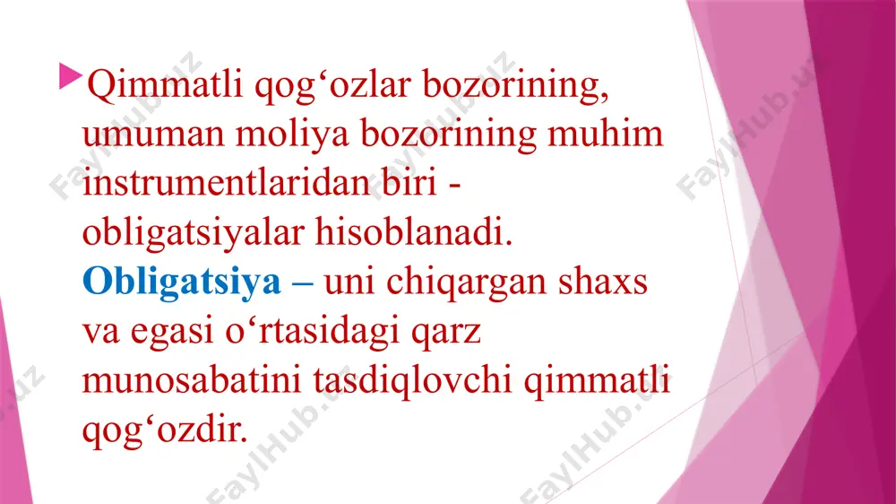 ish shakli boʻyicha: - erkin joylashtiriladigan obligatsiya zayomlari - qatʼiy joylashtirish sharti bilan emissiya qilinadigan obligatsiyalar nominal qoplanish sharti boʻyicha: - nominal summa bir marta qoplanadigan obligatsiyalar - belgilangan vaqt oraligʻida nominal summadan ulushli toʻlovli obligatsiyalar - obligatsiyalar umumiy sonidan izchil ravishda qatʼiy belgilangan toʻlovli obligatsiyalar (lotoreyalar, tirajli zayomlar) emitent tomonidan obligatsiyalar boʻyicha turli toʻlovlar amalga oshirilishiga koʻra: - qatʼiy belgilangan daromad keltiruvchi va qoplanish muddati oxirida nominal summa ham qaytarilishi kafolatlanadigan obligatsiyalar - kuponsiz yoki nollik kuponli obligatsiyalar - qoplash vaqtida foiz toʻlovlari va obligatsiya nominal qiymati toʻlanadigan obligatsiyalar - obligatsiya nominal qiymati qaytariladigan, kupon toʻlovlari toʻlanishi emitent kompaniya moliyaviy faoliyati natijalariga bogʻliq obligatsiyalar kupon toʻlovlariga koʻra daromad turlari boʻyicha: - qatʼiy belgilangan kupon stavkali obligatsiyalar - suzib yuruvchi kupon stavkali obligatsiyalar - muomala muddati davomida kupon foiz stavkasi bir xil oshib boruvchi (indeksli) obligatsiyalar - minimal yoki nol kuponli obligatsiyalar (daromadlilik joylashtirish, bozor bahosi nominal qiymatdan kelib chiqib …
