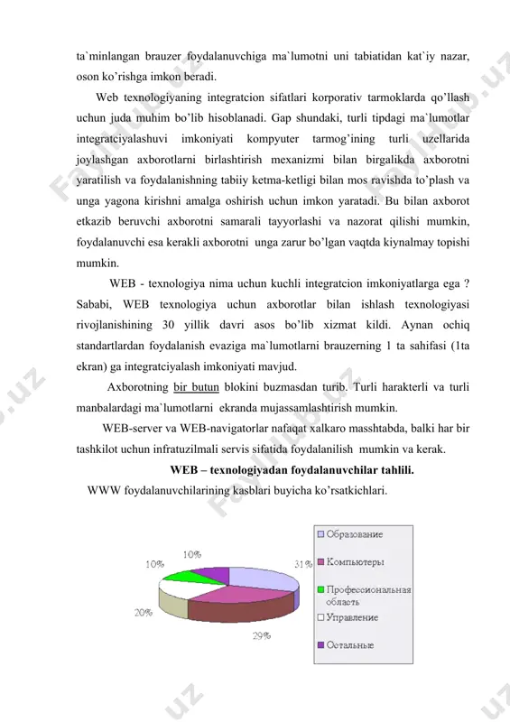 chlari. webdan foydalanuvchilar tarkibidagi o’zgarishlar dinamikasi oxirgi yillarda juda yuqori. uzbekiston respublikasi vazirlar maxkamasining 6 iyun 2000 yildagi « kompyuterlashtirish to’g’risida»gi karori chiqqanidan sung, www ga oliy o’quv yurtlari va ish joylaridan kiruvchi kishilar soni (26%dan 50%gacha) ko’paydi. axolining o’rtacha daromadi oshdi va kompyuter bilan bog’liq bo’lgan kishilar soni oshdi. bu shundan dalolat beradiki, wwwdan foydalanuvchi yosh mutaxasislar uchun kompyuter oddiy asbobga xamda texnikadan uzoq, ammo yangi texnologiyalar bilan qiziquvchi kishilar uchun ma`lumotnomaga aylandi. akshda wwwdan ommaviy foydalanuvchilar soni ko’payib ketdi, deyarli har bir kompaniya internetda o’zining web-sahifasiga ega bo’lishni kerak deb hisoblaydi. web texnologiyadan foydalanish maksadlari ko’rsatkichlari. foydalanuvchilar xoxishlarining bulinishi shuni ko’rsatadiki, www dan foydalanuvchi kishilar birta maksad emas, balki ko’p maksadlarda foydalanishadi. internetda kishilar ko’p vaqtlarini o’tkazadilar – o’rtacha xaftasiga 7 soat . foydalanuvchilarning 72%i wwwga kunida xech bulmaganda bir marta kirishadi. www-navigatorlar ftp, gorner va b. uchun maxsus klientlarni butunlay almashtiradi. o’tkazilgan testlardan ma`lumki, www tili – …