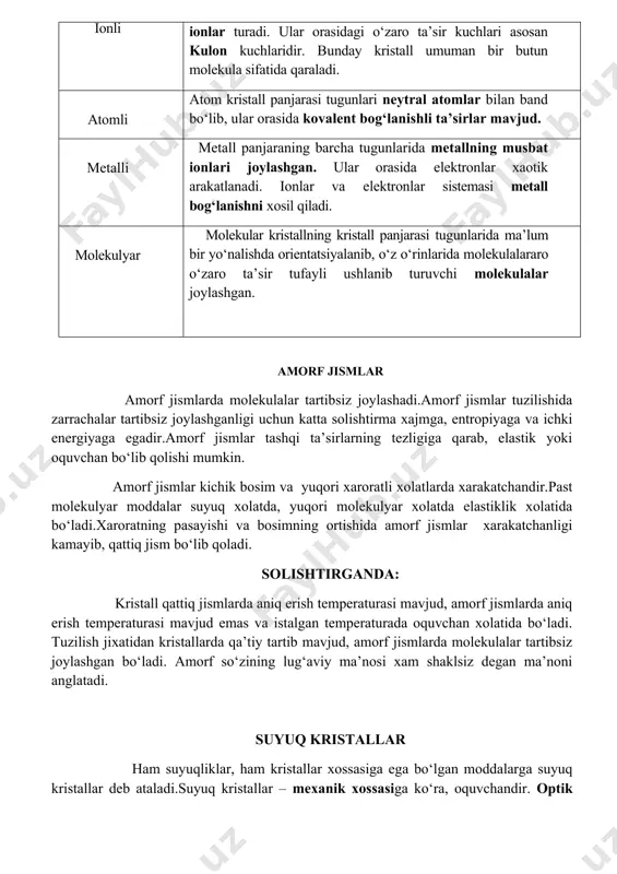 ining tartibli joylashishi kristall panjaralarni tashkil qiladi. kristall panjara tugunlarida turgan zarrachalarning tabiati va o‘zaro ta’sir kuchlariga qarab,to‘rt turga bo‘linadi. tabiati va o‘zaro ta’sir kuchlari 1 ionli ionli kristallning kristall panjarasi tugunlarida turli xil ishorali ionlar turadi. ular orasidagi o‘zaro ta’sir kuchlari asosan kulon kuchlaridir. bunday kristall umuman bir butun molekula sifatida qaraladi. atomli atom kristall panjarasi tugunlari neytral atomlar bilan band bo‘lib, ular orasida kovalent bog‘lanishli ta’sirlar mavjud. metalli metall panjaraning barcha tugunlarida metallning musbat ionlari joylashgan. ular orasida elektronlar xaotik arakatlanadi. ionlar va elektronlar sistemasi metall bog‘lanishni xosil qiladi. molekulyar molekular kristallning kristall panjarasi tugunlarida ma’lum bir yo‘nalishda orientatsiyalanib, o‘z o‘rinlarida molekulalararo o‘zaro ta’sir tufayli ushlanib turuvchi molekulalar joylashgan. amorf jismlar amorf jismlarda molekulalar tartibsiz joylashadi.amorf jismlar tuzilishida zarrachalar tartibsiz joylashganligi uchun katta solishtirma xajmga, entropiyaga va ichki energiyaga egadir.amorf jismlar tashqi ta’sirlarning tezligiga qarab, elastik yoki oquvchan bo‘lib qolishi mumkin. amorf jismlar kichik bosim va yuqori xaroratli …
