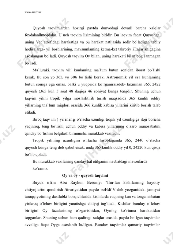 lqlarining dinlarida katta aliamiyat kasb etgan. bu taqvim islom diniga e`tiqod qiluvchi xalqlarda doimo amal qilib keladi. astronomiya faniga ham dastlabki tamal toshi sharqda vujudga keiib, bu yerlik munajjimlar oyni ntganishda, ayniqsa uning ikkita bir xil fazalari o`rtasidagi vaqtni aniqlashda katta yutuqlarga erishganlar. oyning yer atrofida quyoshga nisbatan bir marta to`iiq aylanib chiqish vaqti sinodik oy deb nomlanadi. sinodik oy davrining birmuncha aniqroq belgilanadigan payti uning oy boshiga (yangi oyga) to`g`ri keladigan paytidir. biroq yangi boshini, yangi oy tug`ilishini quyosh tutilgan paytlardagina aniqlash mumkin. quyoshning tutilishi esa juda kam kuzatiladigan hodisadir. shuning uchun oyning yangi oy lazasiga eng yaqin bo`lgan boshqa fazasini tanlab olishga, ya`ni yangi oy tug`ilganidan keyin uning ingichka o`roq shaklida birinchi marta ko`rinishini kuzatishga to`g`ri kelgan. oyning harakatidagi, ovgarishidagi bunday holatini qadimgi yunonlar neomeniya deb atashgan. buni biz hozir shartli rav ishda yosh oy deylik. yosh oyni biz oqshom paytlarida botib ulgurmasidan bir necha daqiqa ilgari ko`ra …