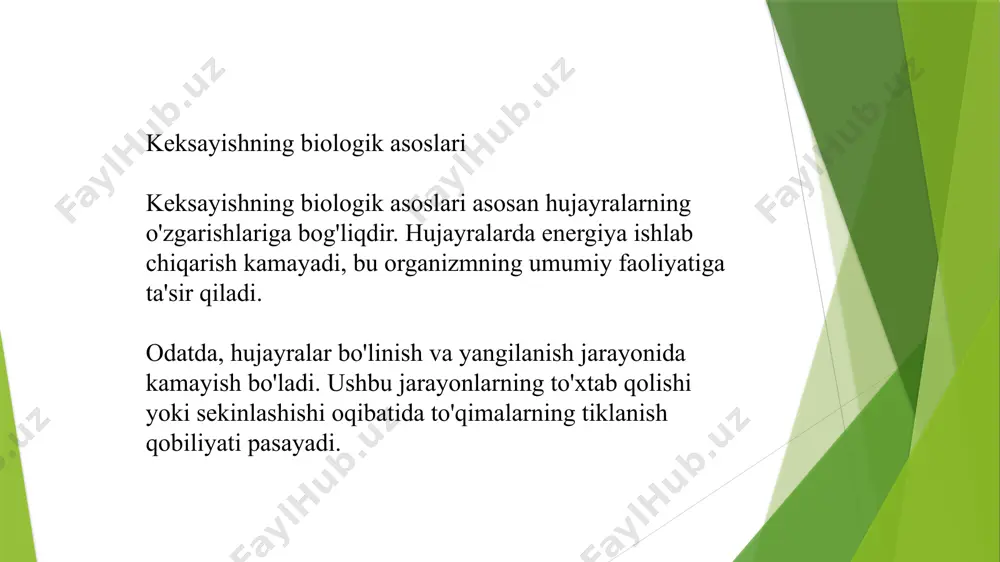 iliyatini kamaytiradi. t-limfotsitlar soni kamayadi, bu esa organizmni viruslarga qarshi kurashishda kamaytiradi. oksidlanish va iltihoviy jarayonlar immun tizimining zaiflashishiga olib keladi. oshqozon va ichak tizimidagi o'zgarishlar oziqlanishni so'rib olish va hazm qilish jarayoni sekinlashadi. oshqozon shirasining ishlab chiqarilishi kamayadi. ichaklarning motiliteti (harakatlanish) sekinlashadi, bu esa ich qotishi va hazm qilish muammolariga olib keladi. ichak mikrobiozasi ham o'zgaradi, bu esa hazm qilish tizimining salomatligiga ta'sir qiladi. asab tizimidagi o'zgarishlar keksayish bilan asab tizimi va miyaning faoliyati sekinlashadi. neyronlar orasidagi aloqa yomonlashadi. yodlash va o'rgatish qobiliyati kamayadi, lekin ba'zi odatlar va malakalar saqlanib qolishi mumkin. altsgeymer va parkinson kasalliklari xavfi ortadi. keksayishda psixologik o'zgarishlar keksayish davrida ruhiy holat o'zgarishi mumkin. depressiya, xavotir va kayfiyatning o'zgarishi ko'proq uchraydi. emozional barqarorlikni saqlashda qiyinchiliklar yuzaga kelishi mumkin, bu esa turmush sifatini pasaytiradi. yoshi katta odamlar ko'pincha ijtimoiy aloqalarni yo'qotish, yolg'izlik va keksalikning qabul qilinmasligi bilan bog'liq muammolarni boshdan kechiradilar. reproduktiv tizimdagi o'zgarishlar ayollarda menopauza boshlanadi, …