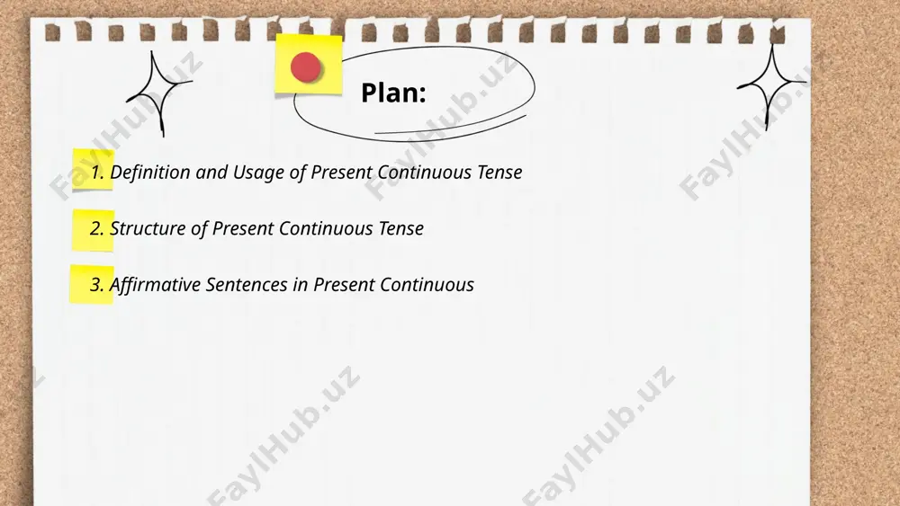 ent participle of the main verb (verb + -ing). for example, "she is reading a book," "they are playing soccer," and "i am studying for my exam" are affirmative sentences. the present continuous is typically used to indicate temporary actions or situations, ongoing events, developments or changes, and future plans. it contrasts with the simple present tense, which describes habitual actions or universal truths. ... t.me/slaydai_bot 4. negative sentences in present continuous in the present continuous tense, negative sentences are formed by using the structure: subject + am/is/are + not + verb+ing. this tense indicates actions that are not occurring at the moment of speaking. for example, "i am not eating" implies the action of eating is not happening now. when forming these sentences, "am not" pairs with "i," "is not" or "isn't" pairs with singular third-person subjects, and "are not" or "aren't" is used with plural subjects and "you." …