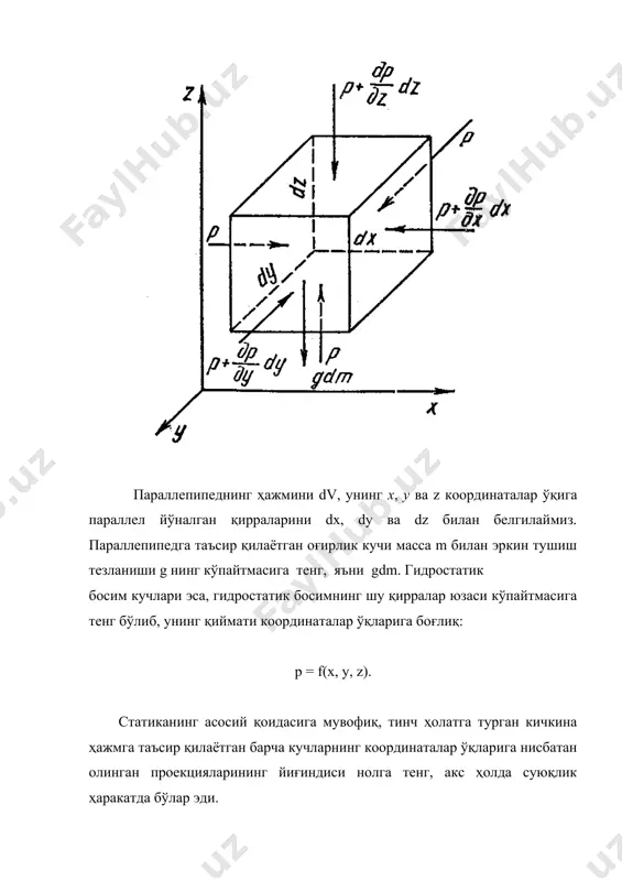 кдан: v = (. s, м3/с. бу тенглик секундли сарф тенгламаси дейилади. суюқликнинг массавий сарфи қуйидагича аниқланади: м = ( ( s, кг/с бу ерда (( - суюқликнинг массавий тезлиги, кг/(м2 с). труба ёки бошқа шаклдаги каналда суюқлик икки хил режимда, яъни ламинар ва тўлқинсимон (турбулент) режимда ҳаракат қилади. оқимларнинг ҳаракат режимини биринчи бўлиб 1883 йилда инглиз физиги о. рейнолдс рангли эритмалар ёрдамида суюқликнинг икки хил - ламинар ва турбулент режимда бўлишини аниқлади. тажриба қурилмаси - расмда кўрсатилган. резервуарда сувнинг сатҳи бир хил ушлаб турилади. унга горизонтал шиша труба бириктирилган. шиша трубадаги оқим ҳаракатини кузатиш учун унинг ўқи бўйлаб рангли суюқлик юбориладиган найча ўрнатилган. сувнинг трубадаги тезлиги кран орқали ростланади. сув оқимининг тезлиги кичик бўлганда рангли суюқлик сувга аралашмасдан тўғри чизиқ бўйлаб горизонтал ип шаклида ҳаракат қилади. чунки, кичик тезликда сувнинг заррачалари бир-бирига аралашмасдан, параллел ҳолда тартибли ҳаракат қилади ( - расм, а). бундай ҳаракат ламинар режим деб юритилади. трубадаги …