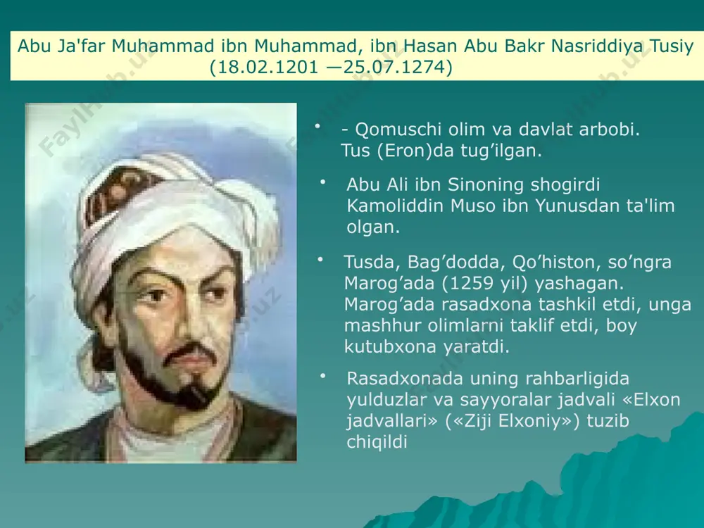 d bayoni» («tahriri uqlidis») asarida v postulat to’rtta to’g’ri burchakli to’rtburchakning mavjudligi haqidagi farazning natijasi ekanligini isbotladi. «to’liq to’rt tomonlik haqida» («shaklul-kita») risolasi isbotlar nazariyasi va sfеrik trigonomеtriyaga bag’ishlangan. «еvklidning nеgizlar kitobiga sharhlar» nomli kitob uhlidis tahriri ostida yozildi. kitobda tusiy parallеl to’g’ri chiziqlar nazariyasi taraqqiyotida birinchi bo’lib, bеshinchi postulatni uchburchak ichki burchaklari yig’indisi bilan bog’laydi nasiriddin: “kimnidir hech kimga bildirmay ushbu toqqa chiqishga va uyerdan katta bir tog’orani pastga dumalatib yuborishga ruxsat bersangiz “deb so’rabdi. xulagu bunga ruxsat bergach, shunday qilishibdi. tog’ora tog’ cho’qqisidan pastga dumalatilganda, u juda kuchli shovqin solib pastga tushibdi. oqibatda xuloxonning askarlari kuchli vahims ko’tarilibdi. nasiriddin va xuloxo bu hodisadan shubxasiz , hech tashvishga tushushmabdi. shunda nasiriddin xuloxoga shu so’zlar bilan murojaat qilibdi: “biz bu hodisanining sababini bilar edik va shuning uchun ham tashvishlanmadik, navkarlar esa bundan bexabar edilar, shuning uchun ham ular qo’rqishdi. xuddi shuningdek,biz osmondagi hodisalarning sabablarini bilsak edi,unda yerda hech tashvish bilmay …