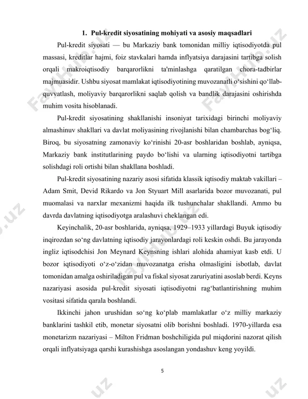 qtisodiyotning salohiyatidan keskin va davomiy og‘ishining oldini olish va salbiy ta’sirlarni yumshatish choralarini ko‘rish imkoniyatlarini yaratadi. o‘zbekiston respublikasi markaziy banki 2020 yildan boshlab pul-kredit siyosatini inflyatsion targetlash rejimi doirasida olib bormoqda. pul-kredit siyosatining inflyatsion targetlash rejimida inflyatsiyaning maqsadli ko‘rsatkichi – targeti belgilanadi hamda markaziy bankning barcha xatti-harakatlari inflyatsiyaning ushbu target darajasi atrofida bo‘lishiga qaratiladi. pul-kredit siyosatining asosiy tamoyillari · inflyatsiya bo‘yicha target belgilanadi va barcha pul-kredit siyosati choralari ushbu targetga erishishga qaratiladi; · markaziy bankning asosiy stavkasi pul-kredit siyosatining asosiy instrumenti hisoblanadi; · pul-kredit siyosati operatsion mexanizmi markaziy bank tomonidan mustaqil ravishda ishlab chiqiladi va takomillashtirib boriladi; · pul-kredit siyosatiga oid qarorlar keng qamrovli makroiqtisodiy tahlil va prognozlarga asoslanadi; · markaziy bank valyuta siyosatini erkin suzuvchi valyuta kursi rejimida amalga oshiradi; pul-kredit siyosati shaffof tarzda olib boriladi va har bir qaror keng jamoatchilikka batafsil tushuntiriladi.[footnoteref:2] [2: https://cbu.uz/uz/monetary-policy/concept/] bugungi global iqtisodiy muhitda pul-kredit siyosati mamlakatlarning makroiqtisodiy barqarorlikka erishishida muhim vosita sifatida …