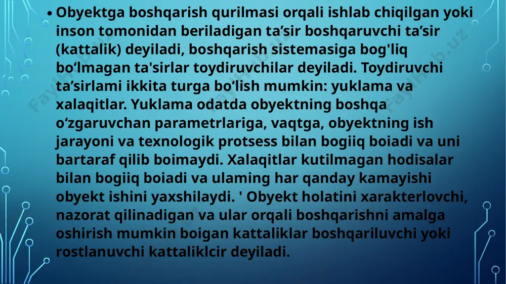 ng hozirgi qiymatini qabul qilib, uni rostlash tizimidagi keyingi bo‘g‘inlarga uzatish uchun qulay bo‘lgan signalga o‘zgartiradi. datchiklar sodda (bevosita ta’sir etuvchi) va murakkab (bilvosita ta ’sir etuvchi) bo‘ladi. sezgir element bilan datchik bir bo‘lgan qurilma bevosita ta’sir etuvchi datchik hisoblanadi. bilvosita ta’sir etuvchi datchiklarda esa bu elem entlar mustaqil ishlanadi. datchik ishlab chiqargan rostlanuvchi kattalikning ayni qiymati haqidagi ma’lumot avtomat rostlagichning kirishiga keladi. foydalanilgan adabiyotlar: yusupbekov n.r., igamberdiyev x.z., malikov a. texnologik jarayonlarni avtomatlashtirish asoslari. — t.: toshdty, 2007. — 237 b. https://arxiv.uz/uz/documents/referatlar/fizika/avtomatik-rostlagichlar-va-ularning-turlari image2.png image3.png image4.png image5.png image6.png /docprops/thumbnail.jpeg