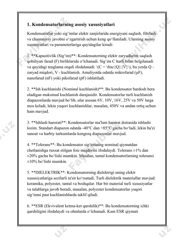 1 volt potentsial farq hosil qiladigan darajada saqlash mumkin bo'lgan diskret miqdoridir. kondensatorning energiya saqlash qobiliyati quyidagi formula bilan ifodalanadi: \[ e = \frac{1}{2} c v^2 \] bu yerda \(e\) - energiya (joule bilan o'lchanadi), \(c\) - kondensator sig'imi (farad bilan o'lchanadi) va \(v\) - kuchlanish (volt bilan). misol uchun, agar kondensatorning sig'imi 1 mikrofarad (\(1 \times 10^{-6}\) f) bo'lsa va u 5 volt kuchlanishga ega bo'lsa, saqlangan energiya quyidagiga teng bo'ladi: \[ e = \frac{1}{2} \times 1 \times 10^{-6} \times 5^2 = 12.5 \times 10^{-6} \text{ joule}\] kondensatorlar turli xil materiallar va texnologiyalar yordamida ishlab chiqariladi. elektrlar bilan ishlov berilgan metall plastinkalar orasidagi dielektrik material turlari mumkin, masalan: 1. **keramika kondensatorlar** - kichik hajmda yuqori sig'imga ega, yuqori chastotali elektronikalarda keng qo'llanadi. 2. **elektrolitik kondensatorlar** - katta quvvat talab qilinadigan ilovalarda qo'llanadi, ayniqsa, elektr energiyasining to'g'rilanish jarayonlarida. 3. **film kondensatorlar** - ushbu kondensatorlar polimer film materiallaridan foydalangan holda ishlab …