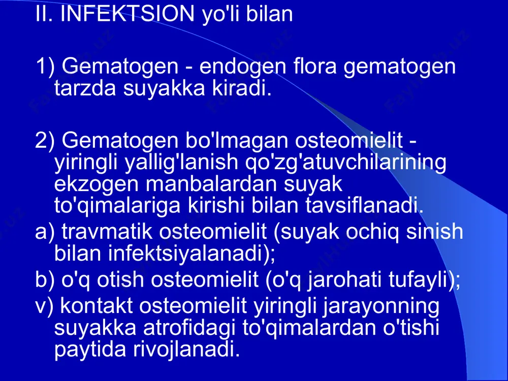 ishi ko'p hollarda qo'zg'atuvchisi staphylococcus aureus hisoblanadi. gram-musbat va gramm-manfiy flora shaklida: monokulturalar (stafilokokklar, stepokokklar va boshqa turlar) aralash yoki assotsiatsiya madaniyati (ikki marta assotsiatsiya, uchlik assotsiatsiyasi va boshqalar). etiologiya osteomielitning tasnifi: 1. etiologiyasi 1. monokultura 2. aralash yoki bog`langan madaniyat 3. ikki tomonlama assotsiatsiya 4. uchlik assotsiatsiyasi 5. kasallik qo‘zg‘atuvchisi ajratilmagan 2. klinik shakllari 1. o‘tkir gematogen osteomielit: 2. umumlashtirilgan shakl: 1. septikotoksik 2. septikopyemik 3. mahalliy (fokal) 4. shikastlanishdan keyingi osteomielit: 5. suyak sinishidan keyin ishlab chiqilgan 6. o'q otilishi 7. operatsiyadan keyingi (shu jumladan spiker) 8. postradiatsiya 9. atipik shakllar: 10. brodi xo'ppozi (suyak ichidagi jarayonning sustligi) 11. albomli (ollier osteomiyelit) 12. antibiotik 13. sklerozlash (osteomielit garre) 3. gematogen osteomielitning bosqichlari va fazalari 1. o'tkir bosqich 2. intramedullar faza 3. ekstramedulyar faza 4. subakut bosqichi 5. qayta tiklash bosqichi 6. davom etayotgan jarayonning bosqichi 7. surunkali bosqich 8. kuchlanish fazasi 9. remissiya bosqichi 10. qayta tiklash bosqichi …