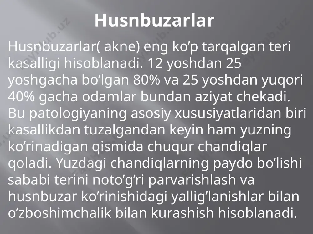 tekislaydi, yoshartiradi, giperpigmentatsiyani oldini oladi. co2 lazerli davolashda har bir bemorga individual ravishda ish tartibi belgilanadi chandiqlarni lazer bilan davolashda birinchi seansdayoq o’z ta’sirini ko’rsatadi keyinchalik natija faqat yaxshilanadi va ko’zga tashlanadi. turlari 1. ablyativ ta’sir- lazer epidermisning faqat ustki qatlamiga ta’sir etib chuqurlashmaydi. bu usul lifting effekt yaratish uchun yani teri tortiladi va samaradorligi birinchi muolajadayoq bilinadi. 2. noablyativ ta’sir- lazer ustki qatlamga tegmay, derma va epidermisning pastki qatlamlariga ta’sir qiladi.chandiqlar uchun qo’llaniladi. terini ichkaridan yoshartirish uchun kollagenni ishlab chiqarishni faollashtirishga yo’naltirilgan. 3. aralash ta’sir- ablyativ va noablyativ usullarni qo’llash. lazer sirtdan va ichkaridan ta’sir qilib , uzoq muddatli samarali yosharishni taminlaydi. qo’llanilishi fotoqarishning aniq belgilarida yoshdagi o’zgarishning yaqqol namoyonligi pigmentli dog’lar striyalar terini yoshartirish turli xildagi ajinlarni bartaraf qilish rangli tatirovkalarni yo’q qilish xusnbuzarlarni yo’q qilish terini tekislash chandiqlarni yo’q qilish pigmentli dog’larni yo’q qilish terini tortish va elastikligini tiklash keratozlarni davolash effektivligi davogacha davodan keyin (20 kun) …