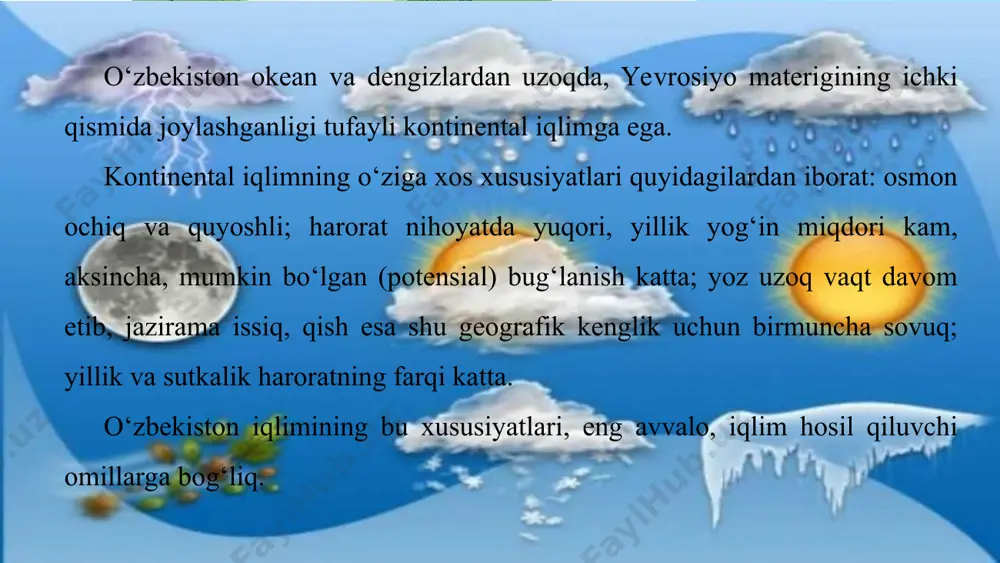 ir yoki qor yog‘ishi kuzatiladi. this presentation uses a free template provided by fppt.com www.free-power-point-templates.com yozda o‘zbekiston hududi, xususan, uning tekislik qismi juda isib ketishi oqibatida termik o‘choq vujudga keladi. natijada, havo o‘ta qizib, siyraklashib, mahalliy kontinental turon tropik havosi shakllanadi. bu bo‘shliqni (past bosimni) to‘ldirish uchun shimoli g‘arbdan va g‘arbdan salqin havo massasi esadi. lekin havo qizib ketganligi tufayli bu havo massalari yog‘in keltirmaydi. o‘zbekiston iqlimining tarkib topishida relyef ham ta’sir etadi. respublikaning shimoli, shimoli g‘arbiy qismi ochiq. natijada, qishda shimoldan, shimoli g‘arbdan esuvchi sovuq havo massalari bemalol kirib keladi. aksincha, janubiy qismi tog‘lar bilan o‘ralganligi tufayli iliq tropik havo massalarining kirib kelishiga to‘siq bo‘ladi. tog‘larda yozda tekislikka nisbatan havo salqin bo‘lib, yomg‘ir ko‘proq yog‘adi, qish esa sovuq bo‘lib, uzoq davom etadi. this presentation uses a free template provided by fppt.com www.free-power-point-templates.com haroratning taqsimlanishi. o‘zbekiston hududida issiqlikning taqsimlanishi haqida tasavvurga ega bo‘lish uchun yillik o‘rtacha haroratni bilish kerak. o‘rtacha …