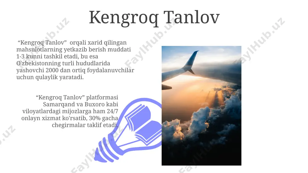 axsiy muloqot xodimlar bilan shaxsiy muloqot toshkentdagi yirik savdo markazlarida 50 dan ortiq xodimlar mijozlarga 24/7 rejimida yordam beradi, bu esa individual yondashuvni ta'minlaydi. onlayn do'konlarning 10% dan ortig'i mijozlar bilan bevosita suhbatlashish imkoniyatini taqdim etadigan onlayn chat xizmatlarini taklif etadi, bu esa 24 soat davomida yordam olish imkonini beradi. zudlik bilan mijozlarga xizmat ko'rsatish 01 02 farg'ona shahridagi tadqiqotlarga ko'ra, 300 nafar respondentdan 65% i do'konlarda darhol yordam olish imkoniyatini onlayn xizmatlardan ustun qo'ygan. sales 1st qtr 2nd qtr 100 0 sales 1st qtr 2nd qtr 100 0 e'tiboringiz uchun rahmat @taqdimot_robot image4.jpg image5.jpg image6.jpg image7.jpg image8.jpg image9.jpg image10.jpg image11.jpg image12.jpg image13.jpg image14.jpg image15.jpg image1.jpeg image2.jpeg image3.jpeg
