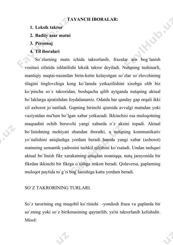 eltirilgan misollardan ko`rinib turibdiki, har bir variantning o`z oldiga qo`ygan kommunikativ maqsadi yo`nalishi mavjud. " they were not themselves tempted.." " they lived indeed the strictly ordered life which muriel imposed and ... an early age... sinonimlarning almashinishi gaplararo aloqani amalga oishirish vositali sifatida. (ikkilamchi nominatsiya) leksik takrorning o`rniga sinonim so`zlarning almashinib kelishi ham mumkin. masalan: v. g. qorolenqonning "bez yazo`ka" nomli povestida asar qaxramoni matvey lozinskiy gox, matvey, goh lozinskiy, gox ko`z ko`rmagan kiyim kiygan baxaybat odam, gox paxmoq odam kabi nomlar bilan ataladi. xar bir nutq iborasi shaxsning yangi-yangi xislatlarni ochib, birinchidan matn qismlarining bog`lovchi vosita bo`lib kelsa, ikkinchidan personaj fe'l-atvorini ifodalovchi vazifa bajaradi. badiiy asar matnida aksariyat-xolatlarda atoqli otlar takrorlanib keladi. shuning uchun u yoki bu personaj qanday xislatlar soxibi bo`lishi mumkin degan savol tug`ilishi tabiiy. ana shu savolga javob berish uchun matndan personajni tasniflagan til iboralarini topish kerak. masalan: mirzo xoband, baxromxon to`raning "saodat" jurnalida bosilgan …