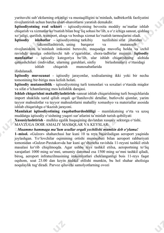 larini erkinlashtirish, xo‘jalik yurituvchi sub’ektlarning erkinligi va mustaqilligini ta’minlash, tadbirkorlik faoliyatini rivojlantirish uchun barcha shart-sharoitlarni yaratish demakdir. iqtisodiyotning real sektori – iqtisodiyotning bevosita moddiy ne’matlar ishlab chiqarish va xizmatlar ko‘rsatish bilan bog‘liq sohasi bo‘lib, u o‘z ichiga sanoat, qishloq xo‘jaligi, qurilish, transport, aloqa va boshqa xizmat ko‘rsatish tarmoqlarini oladi. iqtisodiy islohotlar – iqtisodiyotning tarkibiy tuzilishini sifat jihatidan takomillashtirish, uning barqaror va mutanosib rivojlanishini ta’minlash imkonini beruvchi, maqsadga muvofiq holda va izchil ravishda amalga oshiriluvchi tub o‘zgarishlar, chora-tadbirlar majmui. iqtisodiy manfaatlar - iqtisodiy kategoriya bo‘lib, ular ishlab chiqarishning alohida qatnashchilari (individlar, ularning guruhlari, sinfiy birlashmalari) o‘rtasidagi ishlab chiqarish munosabatlarida ifodalanadi. iqtisodiy muvozanat - iqtisodiy jarayonlar, xodisalarning ikki yoki bir necha tomonining bir-biriga mos kelish holati. iqtisodiy mutanosiblik - iqtisodiyotning turli tomonlari va soxalari o‘rtasida miqdor va sifat o‘lchamlarning mos kelishlik darajasi. ishlab chiqarishni mahalliylashtirish–sanoat ishlab chiqarishining turli bosqichlarida import shaklida xarid qilish orqali qo‘llaniluvchi detallar, butlovchi qismlar, yarim tayyor mahsulotlar va …