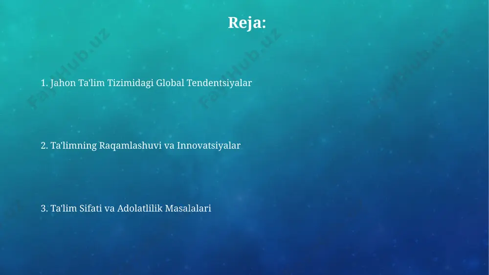 qiqotlar mavjud. ai texnologiyalarining joriy etilishi bilan shaxsiylashtirilgan ta'limda 5 dan ortiq turdagi o'quv materiallari va baholash uslublari qo'llanilmoqda, bu esa individual ehtiyojlarni yanada aniqroq qondirish imkonini beradi. ta'lim sifatini baholash va monitoringi ta'lim sifatini baholashda xalqaro standartlarga (masalan, oecd pisa) muvofiqlashtirish sur'atlari 2015 yildan beri 30% ga oshdi, bu esa taqqoslash imkoniyatlarini yaxshiladi. davlat tomonidan ta'lim muassasalarini audit qilish chastotasi 2022 yilda 5 yildan 3 yilga qisqartirildi, bu esa monitoring samaradorligini kuchaytirdi. masofadan o'qitish va onlayn ta'lim onlayn ta'limning samaradorligini oshirish maqsadida, dunyo bo'yicha 500 dan ortiq oliy ta'lim muassasasi "adaptive learning" texnologiyalarini qo'llamoqda, bu esa individual o'quv rejalari tuzish imkonini beradi. 2023-yil ma'lumotlariga ko'ra, dunyo bo'yicha onlayn kurslarga yozilgan talabalar soni 30 milliondan oshib ketdi, bu esa an'anaviy ta'lim tizimiga nisbatan raqobatbardosh muhit yaratdi. texnologiyaning ta'limga ta'siri keng polosali internetning rivojlanishi va arzon mobil qurilmalar ta'lim resurslariga kirishni kengaytirdi, shu bilan birga, raqamli bilim olish imkoniyatlarini 50% ga …