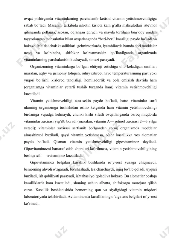 a murojaat qilish zarur. kasallik boshlanishida bemorning qon va siydigidagi vitamin miqdori laboratoriyada tekshiriladi. avitaminozda kasallikning o’ziga xos belgilari ro’y-rost ko’rinadi. suvda eriydigan vitaminlar askorbinat kislota (vitamin c) — moddalar almashinuvida, ayniqsa, oqsillar o’zlashtirilishida, biriktiruvchi to’qimalarni normal holatda tutib turishda va tiklanishda muhim ahamiyatga ega. organizmda vitamin c yetishmasa, qon tomirlari devorining o’tkazuvchanligi ortadi, tog’ay va suyak to’qimalari strukturasi buziladi. organizm o’ziga zarur bo’lgan vitamin c ni oziq-ovqatlar bilan olib turadi. vitamin c sabzavot va mevalarda ko’p bo’ladi. organizmning vitamin c ga bo’lgan kundalik ehtiyoji karam, kartoshka, sabzi, ko’k piyoz, pomidor va boshqalar hisobiga to’ldiriladi. askorbinat kislota ko’k chuchuk qalampir, qizil qalampir, qora smorodina, qulupnay, shovul, limon, apelsin va boshqa ko’pgina o’simlik mahsulotlarida anchagina bo’ladi. askorbinat kislotaning tabiiy konsentrati namatakdir. na’matak qoqisi ajoyib vitamin c manbayi, ayniqsa, qish va ko’klamda u juda qadrlanadi. 10—12 soat tindirib qo’yilgan na’matak qaynatmasida organizmning bir sutkalik ehtiyojini qondiradigan miqdorda vitamin c bo’ladi. askorbinat kislota …
