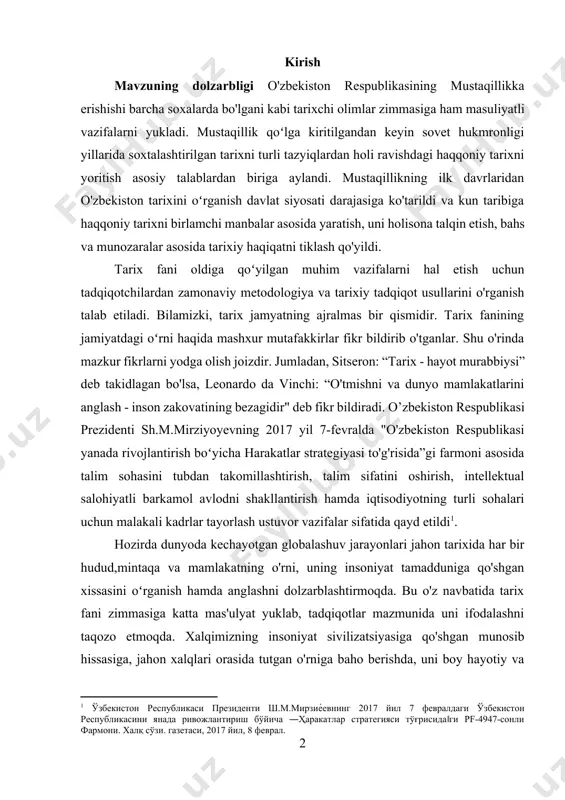 a talim sohasini tubdan takomillashtirish, talim sifatini oshirish, intellektual salohiyatli barkamol avlodni shakllantirish hamda iqtisodiyotning turli sohalari uchun malakali kadrlar tayorlash ustuvor vazifalar sifatida qayd etildi[footnoteref:1]. hozirda dunyoda kechayotgan globalashuv jarayonlari jahon tarixida har bir hudud,mintaqa va mamlakatning o'rni, uning insoniyat tamadduniga qo'shgan xissasini oʻrganish hamda anglashni dolzarblashtirmoqda. bu o'z navbatida tarix fani zimmasiga katta mas'ulyat yuklab, tadqiqotlar mazmunida uni ifodalashni taqozo etmoqda. xalqimizning insoniyat sivilizatsiyasiga qo'shgan munosib hissasiga, jahon xalqlari orasida tutgan o'rniga baho berishda, uni boy hayotiy va tarixiy tajribalaridan foydalanishda, olijanob fazilatlari va an‘analarini oʻrganish hamda boyitishda oʻzbekiston tarixi fani beqiyos katta ahamiyatga ega. umuman olganda, tarix fanining ikkala yo'nalishini ham ya'ni o'zbekiston tarixini ham jahon tarixi fanlarini ham o'qitish jarayonida butun dunyo ta'lim tizimidagi kabi zamonaviy axborot texnologiyalari va kompyuter texnologiyalarining o'rni benihoya kattadir. hozirgi davr talabidan kelib chiqadigan bo'lsak, umumiy o'rta ta'limda ham, oliy va o'rta maxsus ta'lim tizimida ham nafaqat kompyuter texnologiyalarining, balki, zamonaviy …