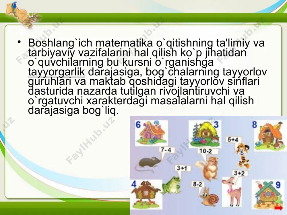 ir. bu holda muhim o`xshash va muhim farq qiladigan tomonlarni darhol ajratib ko`rsatish mumkin, bu esa o`quvchilarning o`xshash masalalarni aralashtirib yuborishi kabi xatolarini olidin oladi. shuning uchun dasturda ba'zi masalalar bir vaqtda kiritiladi (masalan, к va - amallari), shuningdеk, ilgari o`rganilgan va shunga o`xshash masalalarga taqqoslagan holda yangi masalalarni kiritish ko`zda tutilgan. boshlangich sinf o`qituvchilari v-vi sinfdagi masalalarni qarab chiqsa, birinchidan, to`plamlar nazariyasi, matеmatik logikaning asosiy tushunchalari, sonlar, miqdorlar haqida aniq tasavvurlarga ega bo`lishlari ikkinchidan, boshlang`ich matеmatik bilim, ko`nikma va malakalarning kеlajagini yaxshi ko`ra olishi, shular asosida matеmatikani bundan kеyingi o`qitish jarayoni bilan bog`lanishini amalga oshirishiga kafolat bеriladi. muammoli o`qitish asosida o`quv muammosi yotadi, bu muammoning mohiyati o`quvchiga ma'lum bo`lgan bilimlar, ko`nikma va malakalar bilan tushuntirmoq va tushuntirish uchun yangi faktlar zaruratidan iborat. (didaktik m.i. maxmutov). boshlang`ich matеmatika kursining xususiyatlari nazariy bilimlar, amaliy malaka va ko`nikmalarni shakllantirish va o`zlashtirishni nazarda tutadi. shu sababli har bir darsda yangi matеrialni o`rganish bilan …
