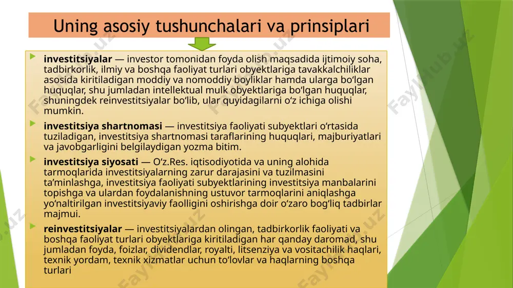 ingdek texnika xavfsizligiga, sanitariya normalari va qoidalariga rioya etishi shartnoma shartlarini bajarmaganligi yoki lozim darajada bajarmaganligi sababli investitsiya faoliyati ishtirokchisiga yetkazilgan zararlarning o‘rnini qoplashi; vakolatli davlat boshqaruvi organlarining va mahalliy davlat hokimiyati organlarining o‘z vakolatlari doirasida qo‘yiladigan talablarini bajarishi shart. investorning majburiyatlari davlat investitsiya faoliyati subyektlarining huquqlarini kafolatlaydi. davlat organlari va ularning mansabdor shaxslari investitsiya subyektlarining qonunchilikka muvofiq amalga oshirilayotgan faoliyatiga aralashishga haqli emas. agar davlat organlari va ularning mansabdor shaxslari investitsiya faoliyati subyektlarining faoliyatida qonunchilik buzilganligini aniqlasa, ular o‘zlari vakolatli bo‘lgan va muayyan qoidabuzarlikni bartaraf etish bilan bevosita bog‘liq choralarni ko‘rishi mumkin davlat organlari va ularning mansabdor shaxslari qoidabuzarlik mavjudligi faktidan investitsiya faoliyati subyektlarining investitsiya faoliyatiga bog‘liq bo‘lmagan boshqa qonuniy faoliyatiga aralashish yoki uni cheklab qo‘yish uchun asos sifatida foydalanishi mumkin emas. davlat investorlarning fuqaroligi, yashash joyi, iqtisodiy faoliyatni amalga oshirish joyi bilan bog‘liq holda, shuningdek investorlarning yoki investitsiyalarning kelib chiqish mamlakatiga qarab investorlarni kamsitishga yo‘l qo‘ymaslikni kafolatlaydi. investitsiya …