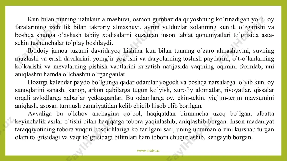 asida xosil bо`ladigan vaqtning tabiiy о`lchov birligidir. yerning о`z о`qi atrofida bir kunlik aylanishi esa bizga ma`lum bо`lgan barcha harakatlar ichida eng tо`g`ri, bab-baravar, bir meyordagi harakat hisoblanadi. astronomik kuzatishlarning isbotlashiga kо`ra, kunning uzunligi, ya`ni yerning о`z о`qi atrofida bir kunlik yoki bir marta aylanish vaqti keyingi ikki ming yil davomida hatto sekundning yuzdan bir qismiga ham о`zgarmagan. demak, mazkur vaqtni о`lchash birligimiz yetarli darajada ishonchli va tо`g`ri birlikdir. www.arxiv.uz www.arxiv.uz www.arxiv.uz www.arxiv.uz yer о`z о`qi atrofida qancha soatda bir marta aylanadi? 24 soat ichida desak tо`gri bо`lmaydi. astronomlar odatda:yer о`z о`qi atrofida bir yulduzlar kuni (sutkasi) davomida bir marta tо`liq aylanadi,- deb javob berishadi. yulduzlar kunining nimaligini tо`liqroq tushunish uchun quyidagi misolni kо`rib chiqing. baland bino tepasidan turib eng ravshan porlab turgan yulduzni kuzating. sizning kо`z oldingizdagi yulduz bino orqasiga yashirinadi. shu paytda soatingiz qaysi vaqtni (aytaylik 23 soat 20 daqiqani) kо`rsatayotganligini ham belgilang. bunday kuzatishni davom ettirsangiz, siz …
