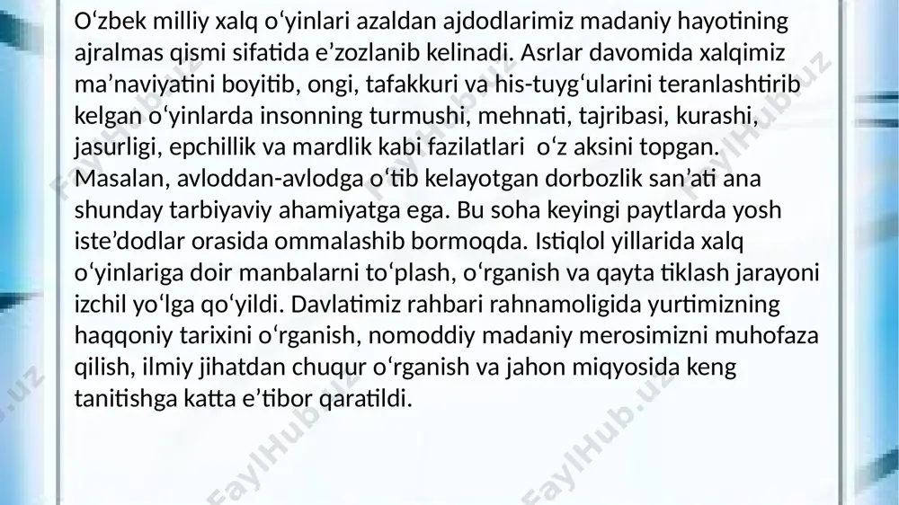 rom ruhida tarbiyalashga qaratilayotgan e’tibor va bu jarayonda markazning ishtiroki xususida to‘xtaldi. jumladan, “milliy dorbozlik jamoalarining faoliyati: yutuqlar va muammolar haqida gapirib, xalq tomosha san’ati turlaridan biri — dorbozlik ko‘p asrlik tarix va boy an’analarga egaligi, mamlakatimiz hududida qadimdan turli dor va dor osti o‘yinlari mavjud bo‘lgani xususida va endilikda uni zamon talablari darajasida rivojlantirish, yanada ommalashtirish masalalari borasida fikrlarini bildirdi. dorbozlik, dor oʻyin — baland dor ustida tomosha koʻrsatish sanʼati, sirk sanʼati janri. dor ustida har qanday noturgʻun holatda ham gavda muvozanatini saqlash mahorati namoyish etiladi. d. taxminan 2,5 ming yil muqaddam sharqda paydo boʻlgan, soʻng butun dunyoga tarqalgan. d. dastlab past qurilgan, mashklari ham sodda boʻlgan. davr oʻtishi bilan dor tobora balandroq qurilib, oʻyinlari murakkablasha borgan. d. oʻyinlari avval ochiq maydonlarda, 18-asr oxiridan esa sirk sahnasida namoyish etiladigan boʻldi va sirk sanʼatining ajralmas qismiga aylandi, yangi taraqqiyot davrini boshladi. oʻzbekistonda d. qadim tarixga ega. baʼzi manbalar amir temur …