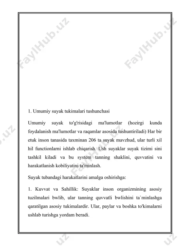 lik b'yicha tumasi takhminan 15-20% oksil va 70% mineral yukni o'z ichiga oladi. 2. himoyalari: suyak tukim mukhim ichki organlarni himoya kiladi. masalan, bosh miya so'zlari (skull) miyani himoya kiladi, torak kavchigi (grudni kavchig) yurak va o'pkalarni himoyalaydi. odam skeletons 206 suyak tashkil topgan bwlib, hhar biri muayyan organ strukturani himoyalangan kilishni yoki mahsulotni. 3. m zahira va omborkhonaralcal: suyaklar va phoshorus kabi mineral katta mikdorini saklashga hizmat qiladi. suyak matiyasining tahminan 99% kaltsiy va suyaklarda qaerda. shu yo'sinda suyak to'qimasi organizmdagi elektrolit muvozanini saklab turishda ishtirok etish bosqichi 4. kon ishlab chikarish: suyak ichidagi qizil kwmak (suyak iligi) hematopoiesis zharayoni orkali qo'n huzhayralari (erythrocyte, leykocyte, platelet) ishlab chikarishda katnashadi. inson organizmida har kuni taxminan 200 milliard eritrosit ishlab chikiladi. 5. nergy of zahir issiqlike: suyak qovogidagi sariq qumak (zhirli bone iligi) zarur bulgan hollard energiya manbai sifatida foidalanilishi mumkin. sariq ko'mak yo'qlarni saklashda yaxshi adaptirlangan bulib, o'smirlik va kattalar …