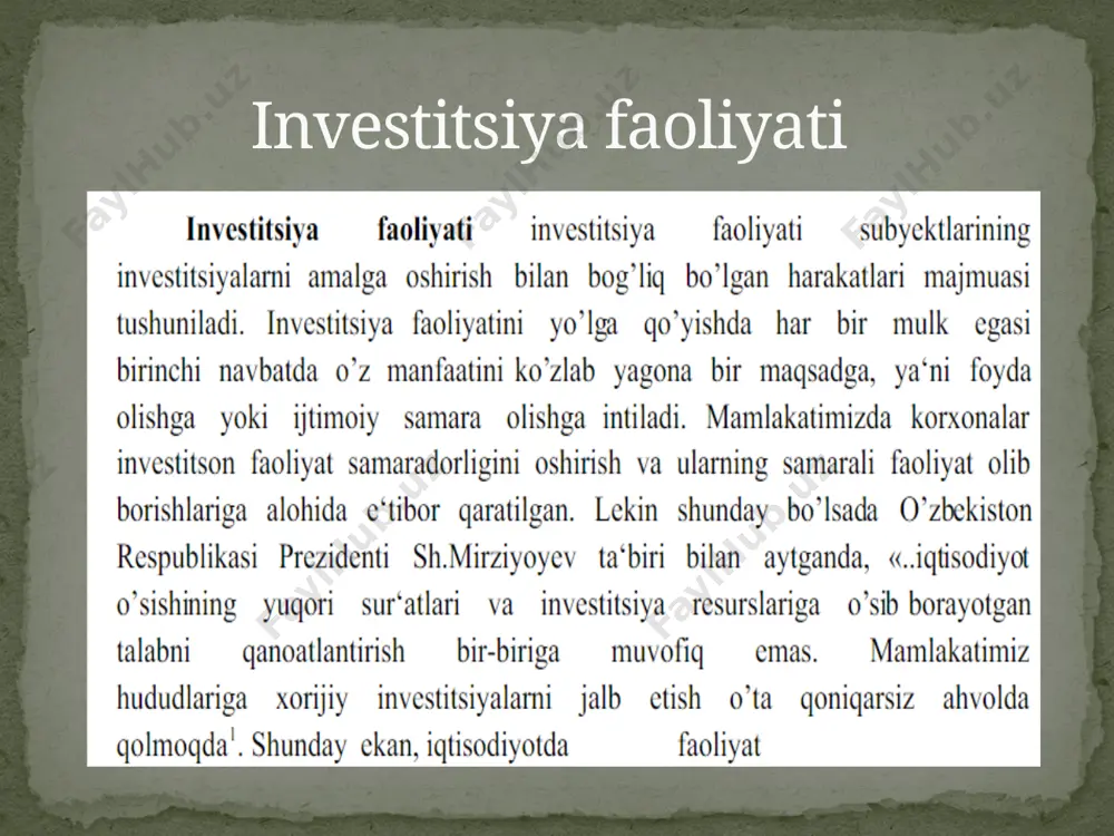 titsiya — aksiya, obligatsiya va b. qimmatli qogʻozlarni sotib olishga qoʻyiladigan investitsiya, ; real investitsiya — moddiy ishlab chiqarish (sanoat, qishloq xoʻjaligi, qurilish va b.) sohasiga, moddiy-ashyoviy faoliyat turlariga uzoq, muddatli mablagʻlar qoʻyish shakllarida amalga oshiriladi. jahon tajribasida investitsiyani moliyalashtirish turli usul va shakllarda, shu jumladan, korxonalarni aksiyadorlashtirish va aksiyalarni joylashtirish, byudjet mablagʻlari, bank kreditlari, lizing, bevosita chet el investitsiyalari, ipoteka, byudjetdan tashqari maxsus fondlar, amortizatsiya va xoʻjalik yuritish subʼyektlarining boshqa mablagʻlari hisobiga amalga oshiriladi. keyingi davrda xalqaro iqtisodiy munosabatlarda investitsion hamkorlik rivoj topdi. bunday hamkorlikning real, moliyaviy, intellektual (litsenziyalar, nou-xauni berish, hamkorlikda bajariladigan ilmiy ishlanmalar va b.ga mablagʻ sarflash) koʻrinishlari bor. investitsion hamkorlik umumjahon va milliy muammolarni hal qilishga xizmat qiladi. jahondagi bevosita investitsiya faol oʻsib bormoqda: 1980-yillar oʻrtalarida jahon boʻyicha umumiy yillik investitsiya hajmi 450 milliard dollarni tashkil qilgan boʻlsa, 1990-yillar oʻrtalariga kelib investitsiya hajmi 2 trillion dollardan oshdi. investitsion hamkorlik umumjahon va milliy muammolarni hal qilishga xizmat …