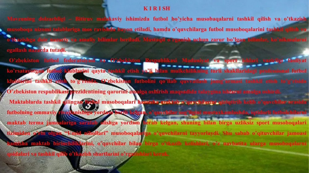 ernational match – ball standard” ushbu to’plar xalqaro standartga mos keladigan to’plar sirasiga kiradi. to’pning bunday markirovkasi uning rasmiy tekshiruvdan o’tganini ko’rsatadi va tekshiruv natijasiga kura to’p muxim texnik talablarga mos ekanligini bildiradi. milliy federatsiyalar musobaqada faqatgina shu uch markirovkaga ega har qanday to’plardan foydalanishni talab qilish mum-kin. boshqa har qanday matchlardan to’p qoida talablariga mos kelishi kerak. fifa musobaqalarida va milliy federatsiyalar tashkil qilgan musoba-qalarda to’plarga xech qanday savdo sotiqqa oid reklamaga ruxsat berilmay-di, quyidagi xolatni xisobga olmaganda ya’ni musobaqa nishoni, musobaqa tashkilotchisi va tasdiqlangan tayyorlovchining savdo markasi. bunday muhr-larning soni va o’lchami, mustaqil reglamenti bilan cheklanishi mumkin www.arxiv.uz rasmiy musobaqalar: - fifa yoki milliy federatsiyalar tomonidan tash-kil qilinadigan har qanday rasmiy musobaqalarda 3 ta gacha o’yinchilarni almashtirishga ruxsat beriladi. musobaqa nizomida buyurtmaga kiritila-digan zahiradagi o’yinchilar soni 3 dan 7 gacha uzaro kelishilgan bo’lishi kerak, bundan ortiq bo’lishi mumkin emas. boshqa matchlarda zahira almashti-rilishi mumkin shu shart bilanki, jamoalar …