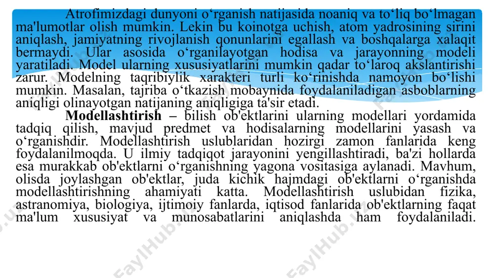 shqa vositalarigagina ishonib qolish unchalik ham to‘g‘ri emas. matematik modellashtirish bosqichlarining doimiy mukammallashib borishi va uning zamonaviy axborot – modellash sistemalariga tadbiq etilishi metodologik imperativdir. faqat uning bajarilishigina zaruriy yuqori texnologiyali, raqobatbardosh va rang-barang moddiy va intellektual mahsulotga ega bo‘lish mumkin. atrofimizdagi olam qonunlari o‘zgarmas va tadqiqotlarda bundan samarali foydalanish mumkin. bu matematik modellar universalligi xossasida o‘z aksini topgan. shunday qilib, matematik modellashtirish vositalarining imkoniyatlaridan mexanikadan tortib sotsiologiya fanlarida (ijtimoiy fanlarda) ham samarali foydalanish mumkin ekan. 2. modellashtirish bosqichlari. biror ob'ektni matematik modellashtirish masalasining qo‘yilishi aniq harakatlar rejasini yuzaga keltiradi. uni shartli ravishda uch bosqichga bo‘lish mumkin: model – algoritm – dastur. birinchi bosqichda ob'ektning matematik formada asosiy xossalarini u bo‘ysunuvchi qonunlarni, qismlari uchun o‘rinli bog‘liqliklar va h.k. larni aks ettiruvchi “ekvivalenti” tanlanadi (yoki quriladi). matematik model (yoki uning fragmentlari) nazariy metodlar yordamida tadqiq qilinadi, natijada esa ob'ekt haqida dastlabki muhim ma'lumotlar olish mumkin. ikkinchi bosqich- modelni kompyuterda amalga oshiruvchi …
