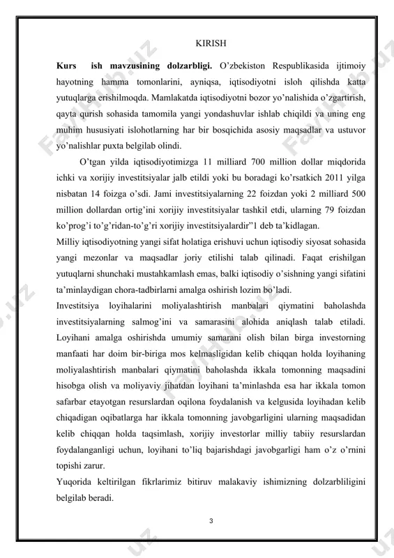 da taqsimlash, xorijiy investorlar milliy tabiiy resurslardan foydalanganligi uchun, loyihani to’liq bajarishdagi javobgarligi ham o’z o’rnini topishi zarur. yuqorida keltirilgan fikrlarimiz bitiruv malakaviy ishimizning dolzarbliligini belgilab beradi. kurs ishning maqsadi va vazifalari. iqtisodiyotni modernizatsiyalash sharoitida investitsiya loyihalarini moliyalashtirish manbalari qiymatini baholashdagi holatini o’rganish va jahon tajribasidan kelib chiqqan holda investitsiya loyihalari moliyalashtirish manbalari va xususiyatlarini qo’llash yuzasidan taklif- tavsiyalar ishlab chiqish bitiruv malakaviy ishning maqsadi hisoblanadi. ushbu maqsaddan kelib chiqqan holda quyidagi vazifalar qo’yildi: -investitsion loyihalarni moliyalashtirish manbalari va ularning xususiyatlarini rivojlantirishni ochib berish; - investitsiya loyihalari moliyalashtirish manbalari qiymatini baholashning ob’ektiv zaruratini asoslash; - investitsiya loyihalarini moliyalashtirish manbalari qiymatini baholashni ochib berish; - investitsiya loyihalarini moliyaviy va iqtisodiy samaradorligini moliyalashtirish manbalari va xususiyatlariga asoslangan holda baholash; - investitsiya loyihalarini moliyalashtirish manbalari qiymatini baholashni takomillashtirish bo’yicha taklif-tavsiyalar ishlab chiqishdan iboratdir. kurs ishning ob’ekti va predmeti. iqtisodiyotimizning turli tarmoqlarida amalga oshirilayotgan investitsiya loyihalari va ularni moliyalashtirish manbalari va xususiyatlarini taminlashning asosiy …