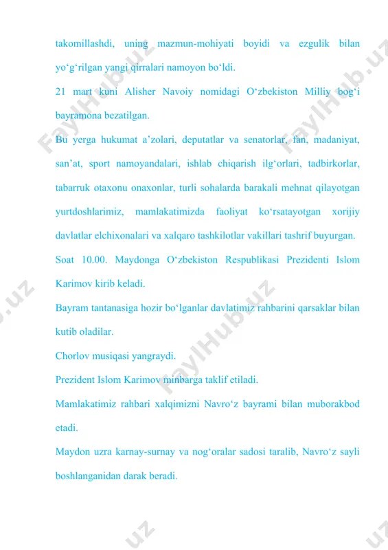 onalik tuyg‘ulari tug‘yon urayotir. muazzam maydonning chor tarafida turfa ranglardagi bayroqchalar hilpiraydi, havo sharlari mayin epkinlarda tebranadi. buyuk kelajagimiz vorislari – sahnada. maydon jajji bolakaylarning kulgusi va sho‘x-xandon qiyqiriqlariga to‘ladi. bolalar tabassumiga ne yetsin. zotan, bu – baxtiyor bolalikdan, mustaqil yurt farzandlarining beg‘ubor va quvnoq damlaridan, sog‘lom zurriyotlarimiz iqbolidan darak. navro‘z va yoshlik – orastalik, go‘zallik, beg‘uborlik va pokizalik timsollaridir. joriy yilning prezidentimiz tomonidan yoshlar yili deb e’lon qilinishi navqiron avlodga beqiyos shodlik, g‘urur va iftixor bag‘ishladi, o‘ziga ishonchini yanada mustahkamladi, himmat va g‘ayrat kamarini yanada mahkamroq bog‘lashga ruhlantirdi. yurtimizda mustaqillikning ilk yillaridanoq barkamol avlodni tarbiyalash masalasi davlat siyosati darajasiga ko‘tarilgan. biz bugun barpo etayotgan yangi hayot, yangi jamiyatni avvalambor o‘zimiz uchun, o‘sib kelayotgan, bugun boshlagan ishlarimizni ertaga davom ettirishga qodir farzandlarimiz uchun qurmoqdamiz. prezidentimiz ta’biri bilan aytganda, buyuk davlatni faqat sog‘lom millat, sog‘lom avlodgina qura oladi. shu ma’noda, yurtboshimiz tashabbusi bilan qabul qilingan “yoshlar yili” davlat dasturi har tomonlama …