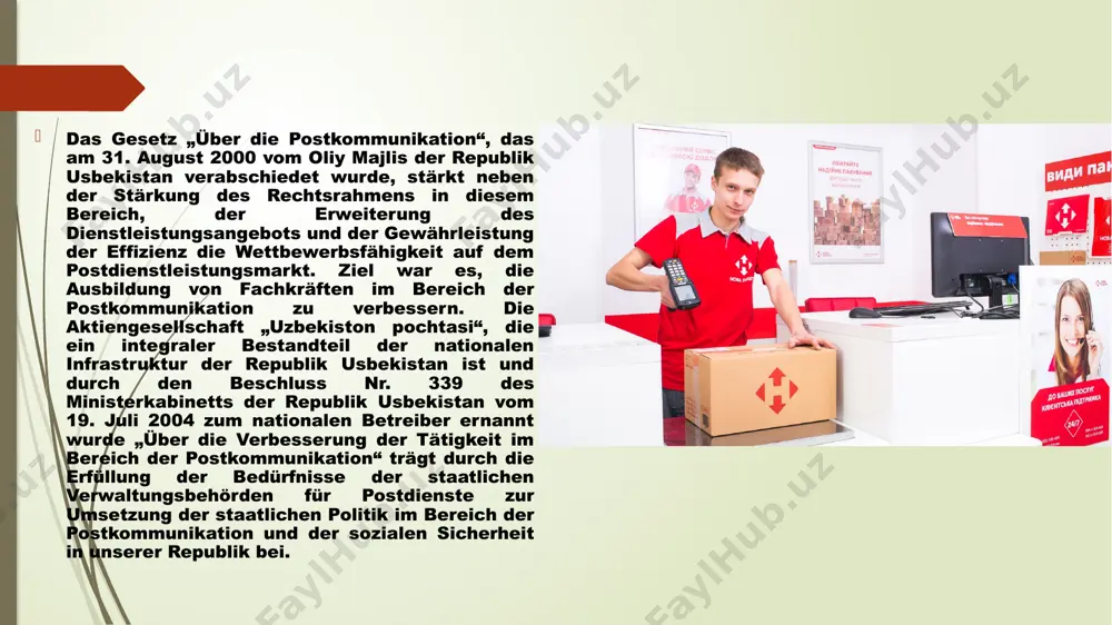 ur usbekistans“, der staatlichen aktiengesellschaft das unternehmen „uzbekiston pochtasi“ wurde gegründet. nach diesen dokumenten, die für die entwicklung der branche von entscheidender bedeutung sind, sind 75 prozent der aktien staatseigentum, 10 prozent sind aktien der arbeitsmannschaft und 15 prozent sind zur freien veräußerung bestimmt. image1.jpeg image2.png /docprops/thumbnail.jpeg
