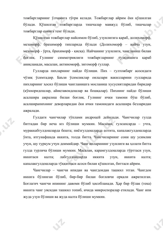 плагич бир хилдаги ҳужайралардан иборат бўлади. кейинроқ эпидерма тагида археспориал тўқима ривожланади. археспориал ҳужайраларнинг кўндалангига бўлиниши натижасида париетал (ички девор) ҳужайраларнинг ташқи қавати микроспорангиянинг спороген ҳужайраларининг ички қавати пайдо бўлади. париетал ҳужайраларнинг турлича бўлиниши натижасида микроспорангия деворининг таркибига кирадиган 3-4 қатори пайдо бўлади. спороген ҳужайралар ёки спораларнинг она ҳужайрасига айланади ёки янада кўпроқ бўлина бошлайди. эпидерма тагидаги ҳужайра қатори яъни париетал ҳужайраларнинг бўлиниши натижасида пайдо бўлган энг ташқи қатори эндотецияни ҳосил қилади. шундай қилиб, эндотеция микроспорангиянинг энг ташқи қавати. эпидерма эса микроспорофилнинг ташқи қаватидир. эндотеция ҳужайралари тезда ўлади ва қурийди чангдоннинг очилишига ёрдам қилади. эндотеция тагида бир уч қатор катта бўлмаган ҳужайралар жойлашиб, мейоз вақтида парчаланиб кетади. чангдоннинг ички қават – тапетум бўлиб муҳим физиологик вазифани бажаради. тапетум ҳужайралари қуюқ цитоплазма билан тўлган бўлиб микроспораларга озиқ бўлади. спораген ҳужайралар микроспоранинг бошланғич ҳужайраларини ҳосил қилади. чангдоннинг ичида спороген тўқимасини тўртта уяси ҳосил бўлади. чанг ва палиналогия. чанг ёпиқ уруғли ўсимликларнинг эркак …