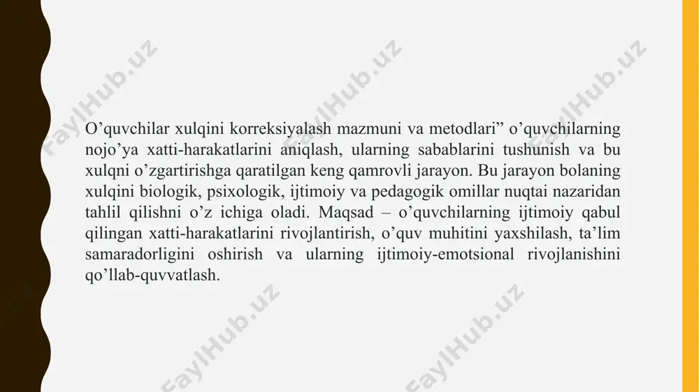 liklar bo’lgan bolaning nuqsonlarini tuzatish va korrektsion-kompensatorli imkoniyatlarini aniqlash; differensatsiyali o’qitish va tarbiyalashni amalga oshirish maqsadida anomal bolalarning muammolarini hal etish; anomal bolalarni aniqlash va hisobga olish; rivojlanish anomaliyasini erta diagnostika qilish metodlarini ilmiy jihatdan ishlab chiqish; bolalarda rivojlanish nuqsonlarini tuzatish, yo’qotish yoki kamaytirish bo’yicha chora-tadbirlarni ishlab chiqish; anomal bolalikning oldini olish bo’yicha profilaktik chora- tadbirlar tizimini ishlab chiqish; anomal bolani rivojlantirish va uni ijtimoiylashtirish jarayonining samaradorligini oshirish. anomal bolalarni tarbiyalash oila va ta’lim muassasasi o’rtasidagi yaqin aloqa, bir-birlarifii qo’llab- quvvatlash, bir-biriga yordam ko’rsatish, talabchanlik hamda oqilona mehribonlik asosida amalga oshiriladi. tarbiyaviy ishlar anomal bolalarning individual va yosh xususiyatlarini inobatga olish asosida ularda mustaqillik, o’ziga xizmat ko’rsatish, mehnat ko’nikmalari, xulq madaniyati, shuningdek, ijtimoiy muhitda yashash va ishlash ko’nikmalarini shakllantirishga yo’naltiriladi. anomal bolani tarbiyalash atrofdagilarning uning psixik yoki jismoniy kamchiliklariga ehtiyotkorlik bilan munosabatda bo’lishni talab etadi. bunday bolalarda optimizm va ishonchni tarbiyalash, qobiliyatini shakllantirish yoki uning o’rnini bosuvchi imkoniyatni rivojlantirish, ijobiy …