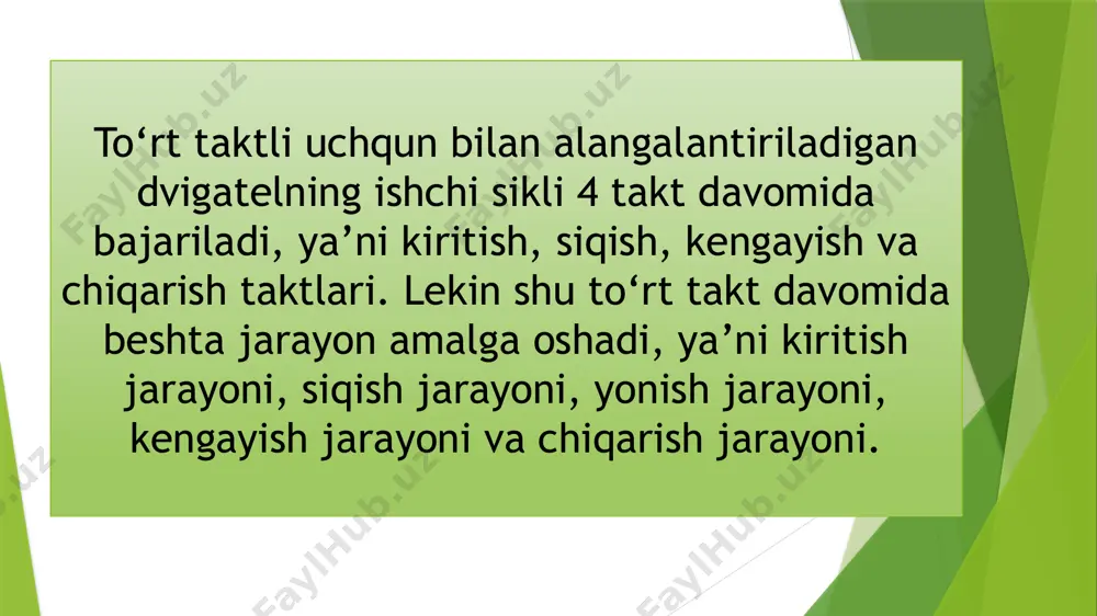 dalanilgan adabiyotlar 1.o.u.salimov tahriri ostida. transport vositalarining tuzilishi. a.muxitdinov, v.sattivaldiyev sh.xakimov. -toshkent: ta’lim nashriyoti; 2014 - 158-bet. 2.t.s.xudoyberdiyev, u.k.karimov, b.r.boltaboyev. traktor va avtomobillar - andijon: «xayot», 2015 - 290-bet. 3.t.s.xudoyberdiyev, a.n.xudoyorov. ichki yonuv dvigatel- larining porsheni va porgen halqalari. - toshkent «0‘zbekiston», 2007- 158-bet. image1.jpeg image2.jpeg image3.jpeg