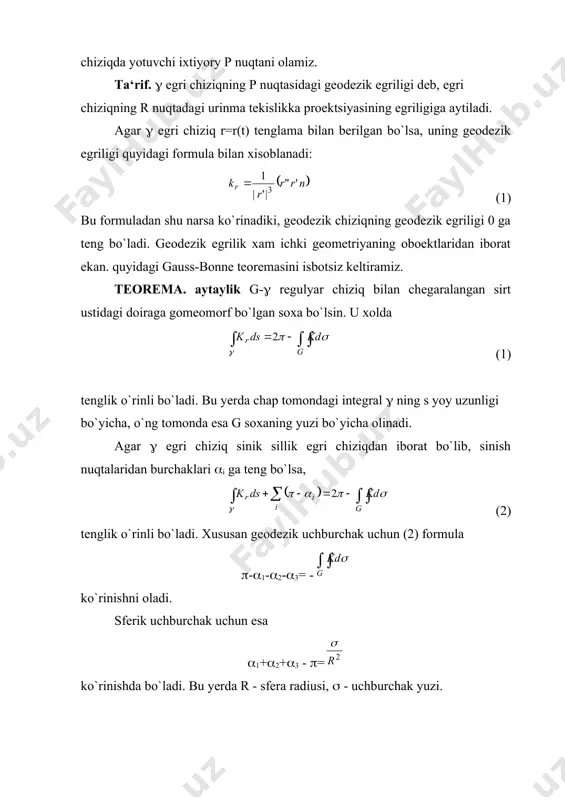 sini topib, (u 2( ga teng) uni uchlar sonini f0 ga ko`paytiramiz, yani 2(f0 ga teng bo`ladi. ( lar soni esa, qirralar soni necha bo`lsa, shunga bo`lib yana ikkiga ko`paytirilganiga teng, chunki xar bir qirra ikkita soxaga tegishli bo`ladi. shunday qilib chap tomondagi yig`indi 2(f1 - 2(f0 ga teng bo`ladi. shunday qilib, (1) ko`rinishdagi tengliklar yig`indisi 2(f1 - 2(f0=2(f2 - yoki (= f0 - f1 +f2 (3) ga teng bo`ladi. butun son f0 - f1 +f2 f sirtning eyler xarakteristikasi deyiladi va ((f) ko`rinishda belgilanadi. demak, f sirtning eyler xarakteristikasi ((f)=f0 - f1 +f2 (4) bo`ladi. (4) formuladan shu narsa ko`rinadiki, sirtning eyler xarakteristikasi uni gj soxalarga ajratish usuliga bog`lik emas ekan. asosiy adabiyotlar: 1. александров а.д., нецветаев н.ю. геометрия. м.,наука,1990. 2. нарманов а.я. дифференциал геометрия. т. университет, 2003 3. погорелов а.в. дифференциальная геометрия. м.,1974. 4. нарманов а.я. ва бошқалар. умумий топологиядан машқ ва масалалар тўплами. т.университет, 1996. 5. сборник …