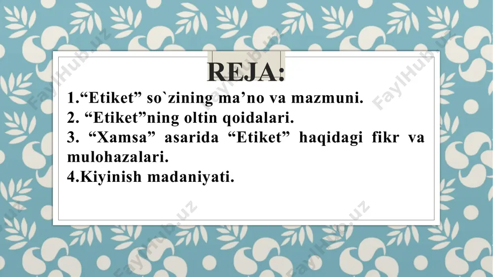 qa, lo`nda , aniq maqsadga yo`naltirilgan bo`lishi kerak yanglishib qo`ng`iroq qilgan odamga ters va keskin emas, muloyimlik bilan javob qaytariladi nutqimizdagi “uzr”, “iltimos”, “tashakkur”, “minnatdorman” singari muloyim so`zlardan foydalanish maqsadga muvofiq sanaladi. kiyim – inson madaniy darajasini ko`rsatuvchi asosiy belgilardan biri. kiyinish madaniyati – insonning tashqi qiyofasi, uning ma’naviy dunyosi, estetik didi, shuningdek, axloqiy sifatlari va aqliy salohiyatini ifoda etadigan tushuncha. ajdodlarimizdan qolgan ma’naviy meroslarda kiyinish madaniyati did, farosat, xayo kabi insoniy fazilarlar bilan bog`liq holda talqin etilgan. kiyinish insonning g`ozallik, nafosat, nazokat, odob borasidagi qarashlarini aks ettiradi. kiyinish madaniyati test “etiket” so`zi qanday ma’noni anglatadi? fransuzcha, etiquette – o`rnatilgan tartib-qoida b) inglizcha toat-ibodat v) xitoycha bilmoq-o`rganmoq s) nemischa intilmoq, o`qimoq muammoli savol: nodira ismli 10-sinf o`quvchisi uydan chiqishida tizzadan pastga tushgan yubka va sipo kofta kiyib chiqdi. nodira qo`shni yo`lakning liftiga kirib yubkasini o`zinikiga nisbatan 30-40 sm kalta yubkaga, koftasini esa, jussasini qisib turadigan tor, o`ta yubqa matodan tikilgan …