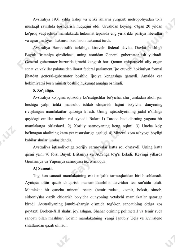 i broken-xill shahri joylashgan. shahar o'zining polimetall va temir ruda sanoati bilan mashhur. ko'mir mamlakatning yangi janubiy uels va kvinslend shtatlaridan qazib olinadi. mamlakatning nyukasl va port-piri shaharlarida qora va rangli metallurgiyaning asosiy markazlari shakllangan. mashinasozlik sanoati asosan faqat ikkinchi jahon urushidan keyin rivojlana boshladi. mamlakat mashinasozlik sanoati avtomobilsozlik, qishloq xo'jaligi mashinasozligi, elektropriborlar, radioelektronika buyumlari ishlab chiqarish tarmoqlaridan iborat. ushbu tarmoq korxonalari sidney, melburn, adelaida, brisben shaharlari atrofidagi yetakchi sanoat markazlarida joylashgan. b) qishloq xo'jaligi. avstraliya qishloq xo'jaligi yuqori tovar xo'jaligiga asoslangan ko'p tarmoqli, texnik jihatdan yaxshi qurollangan va yollanma mehnat keng qo'llaniladigan soha hisoblanadi. mamlakat jahon bozoriga bug'doy, go'sht, shakar, qo'y junini yetkazib beradi. avstraliya qo'ylarining bosh soni bo'yicha dunyoda birinchi o'rinda turadi. avstraliya qo'ychilikka ixtisoslashgan. butun dunyoda eksport qilinadigan junning yarmi avstraliyaga to'g'ri keladi. avstraliyada qoramol boqib ko'paytiriladi. sut fermalari asosan soxillarda joylashgan. mamlakatda donli ekinlar, ayniqsa bug'doy yetishtirish dehqonchilikning yetakchi tarmog'i hisoblanadi. bug'doy ko'p miqdorda eksport qilinadi. …