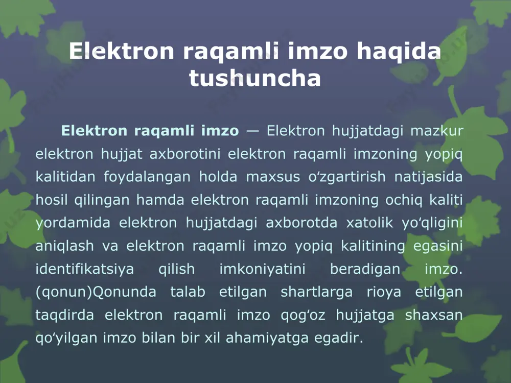 g kompyuteringizda jre ilovasi mavjud bo’lmasa, uni ushbu havola orqali yuklab olishingiz mumkin https://java.com/ru/download/. 3-rasm. masofadan turib hujatlarni imzolash elektron murojaatni elektron raqamli imzo orqali imzolash tartibi 1. «imzo chekish» tugmasi bosilganida dialogli oyna ochiladi, bunda tegishli eri tanlanishi lozim. 2. imzolash muvaffaqiyatli yakunlangan taqdirda ekranda «shakl muvaffaqiyatli imzolandi» oynasi paydo bo’ladi. keyin «yuborish» tugmasini bosing. xulosa yuqoridagilardan xulosa qiladigan bo`lsak elektron raqamli imzo tizimi o‘zbekiston va ko`plab rivojlangan davlatlarda shaxsni audintifikatsiya(shaxsni tasdiqlash) maqsadida keng qo`lanilayotgan va yetarlicha samara beryotgan tizimlardan biridir. elektron raqamli imzo — elektron hujjatdagi mazkur elektron hujjat axborotini elektron raqamli imzoning yopiq kalitidan foydalangan holda maxsus o‘zgartirish natijasida hosil qilingan hamda elektron raqamli imzoning ochiq kaliti yordamida elektron hujjatdagi axborotda xatolik yo‘qligini aniqlash va elektron raqamli imzo yopiq kalitining egasini identifikatsiya qilish imkoniyatini beradigan imz. foydalanilgan adabiyotlar o‘zbekiston respublikasining 2003 yil 11 dekabrdagi 562-ii-sonli «elektron rakamli imzo to‘g‘risida» qonuni o‘zbekiston respublikasining 2017 yil 11 sentyabrdagi o‘rq-445-sonli …
